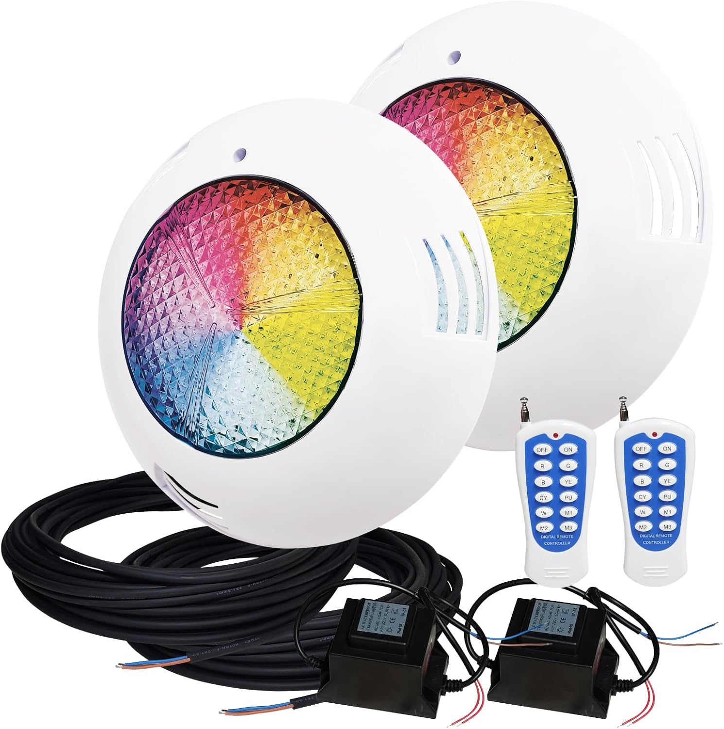 LED ATOMANT 2er Pack Poolbeleuchtung LED 45W RGB, Wasserdicht IP68 Unterwasserlicht für Pool, 20m Kabel, Mit Transformator AC 220V/12V AC und Fernbedienung