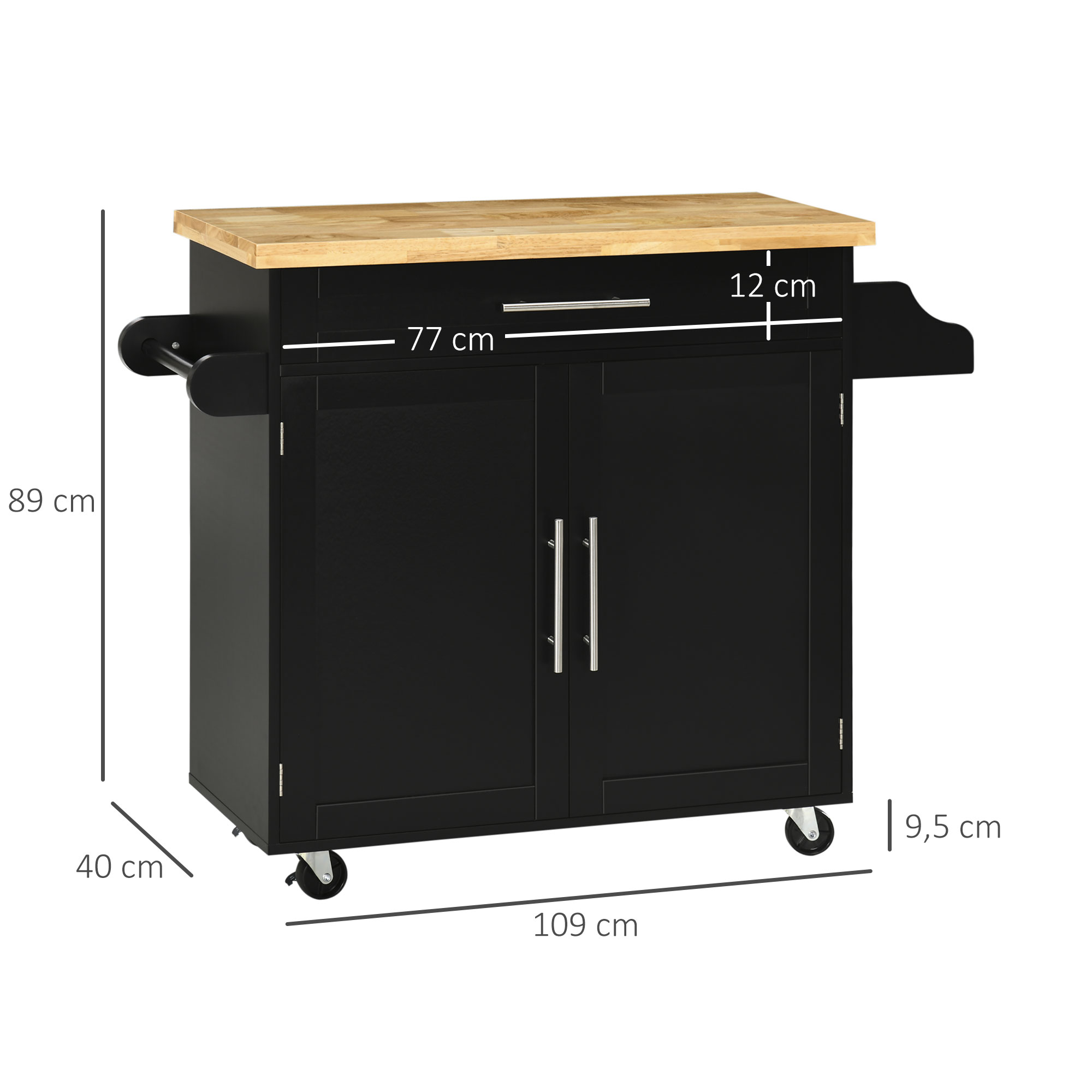 HOMCOM Keukentrolley Serveerwagen Keukenblok, 1 Kruidenrek, 1 Handdoekhouder, 109 cm x 40 cm x 89 cm, Zwart