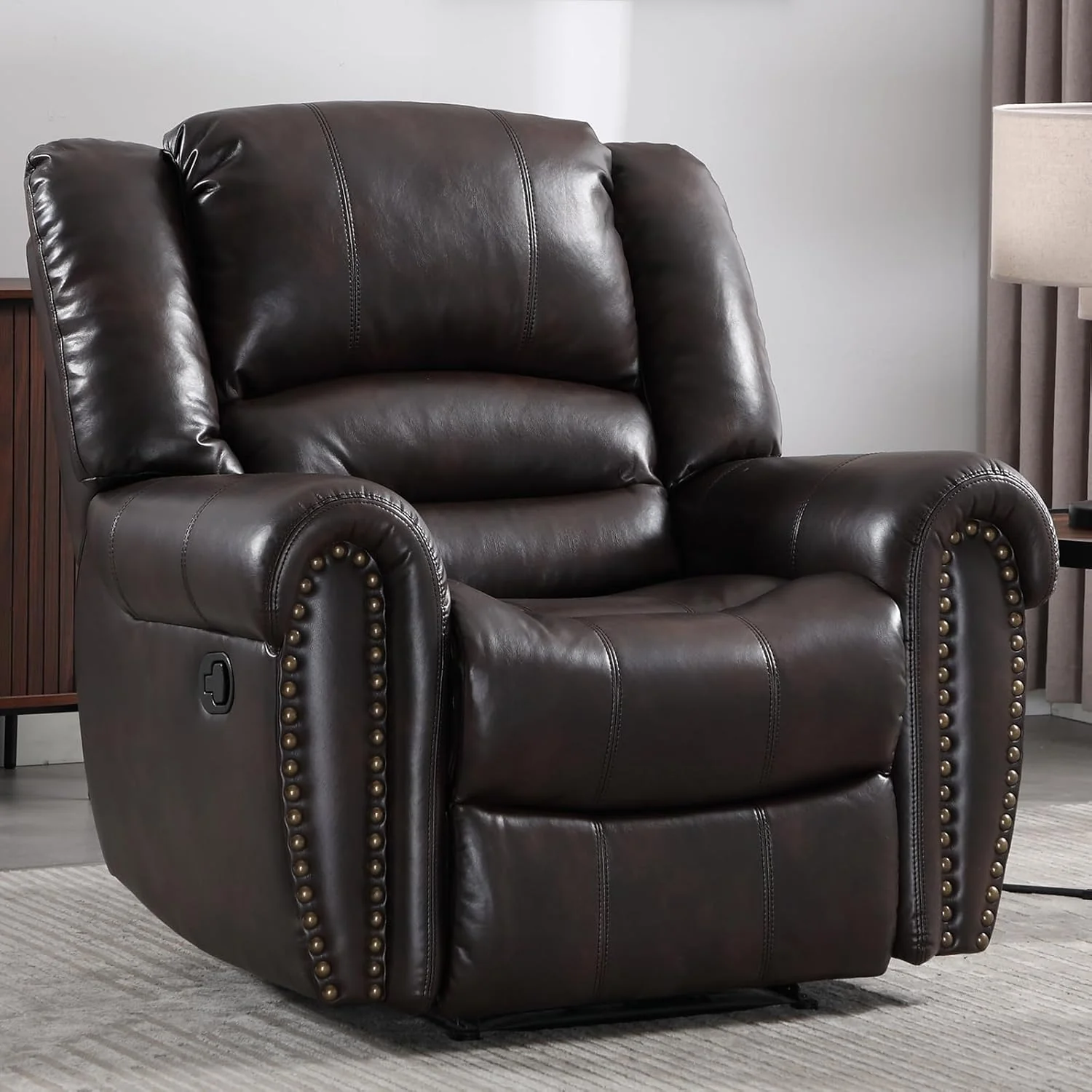 CANMOV Leather Recliner Chair. Classic and Traditional Manual Recliner Chair with Comfortable Arms and Back Single Sofa for Living Room. Nut Brown