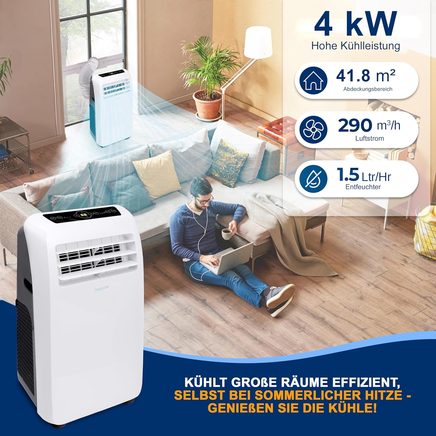 SereneLife Mini Klimaanlage mobil, 3-in-1 mobiles Klimagerät mit Abluftschlauch – Luftkühler, Luftentfeuchter & Ventilator, Air conditioner – 9.000 BTU, 1,5L Feuchtigkeit/Stunde, kühlt Räume bis 42 m2