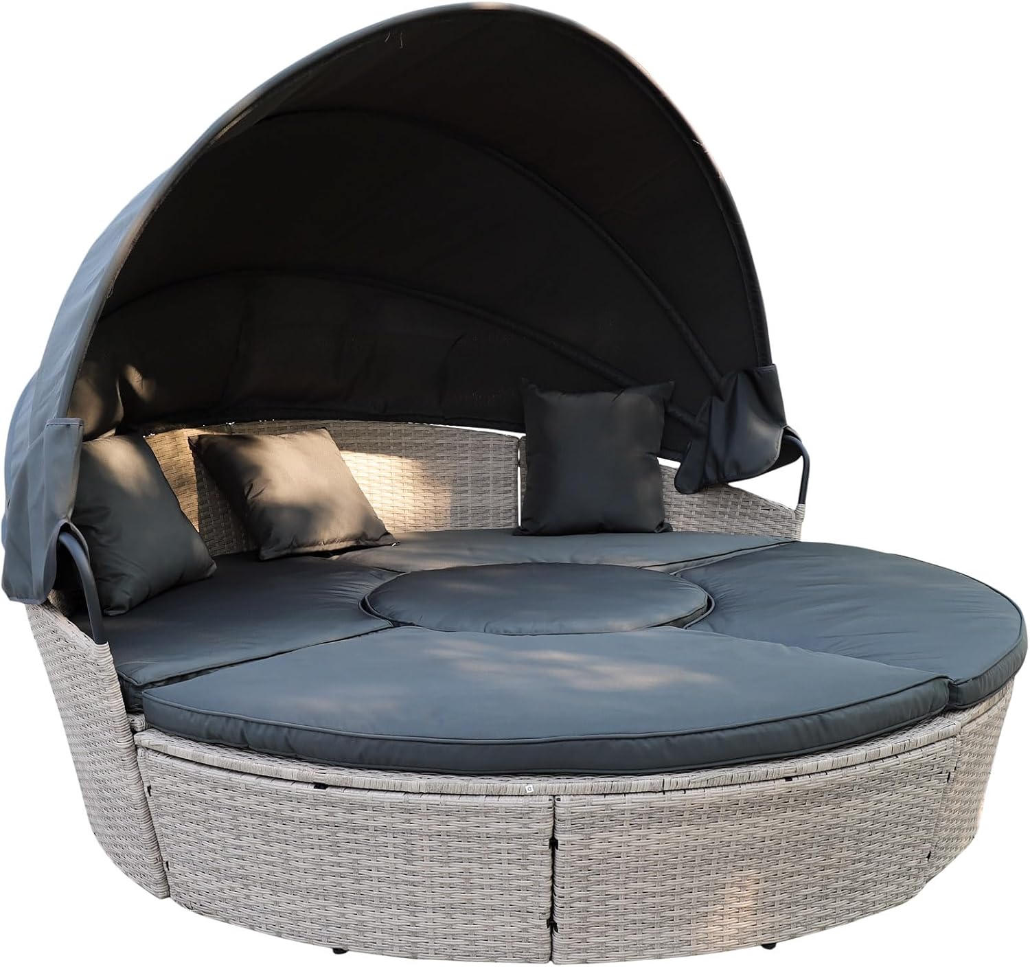 Poly Rattan Sonneninsel XL mit faltbarem Sonnendach Ø 180/210 cm inkl. Auflagen Kissen, Lounge Sonnenliege Gartenmuschel (Hellgrau, Dia 180)