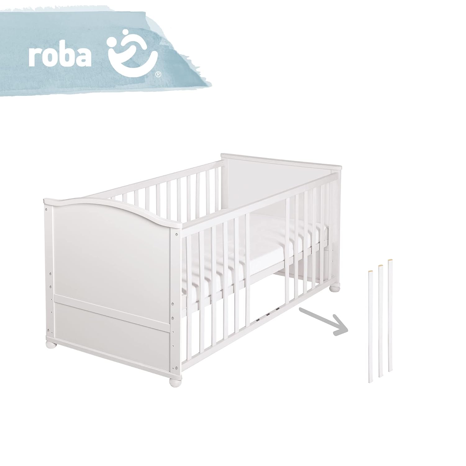 roba Babybett Set Adam & Eule - 70 x 140 cm - Mitwachsendes Kinderbett mit Bettwäsche, Himmel, Matratze - Höhenverstellbar - zu Juniorbett umbaubar - Holz weiß