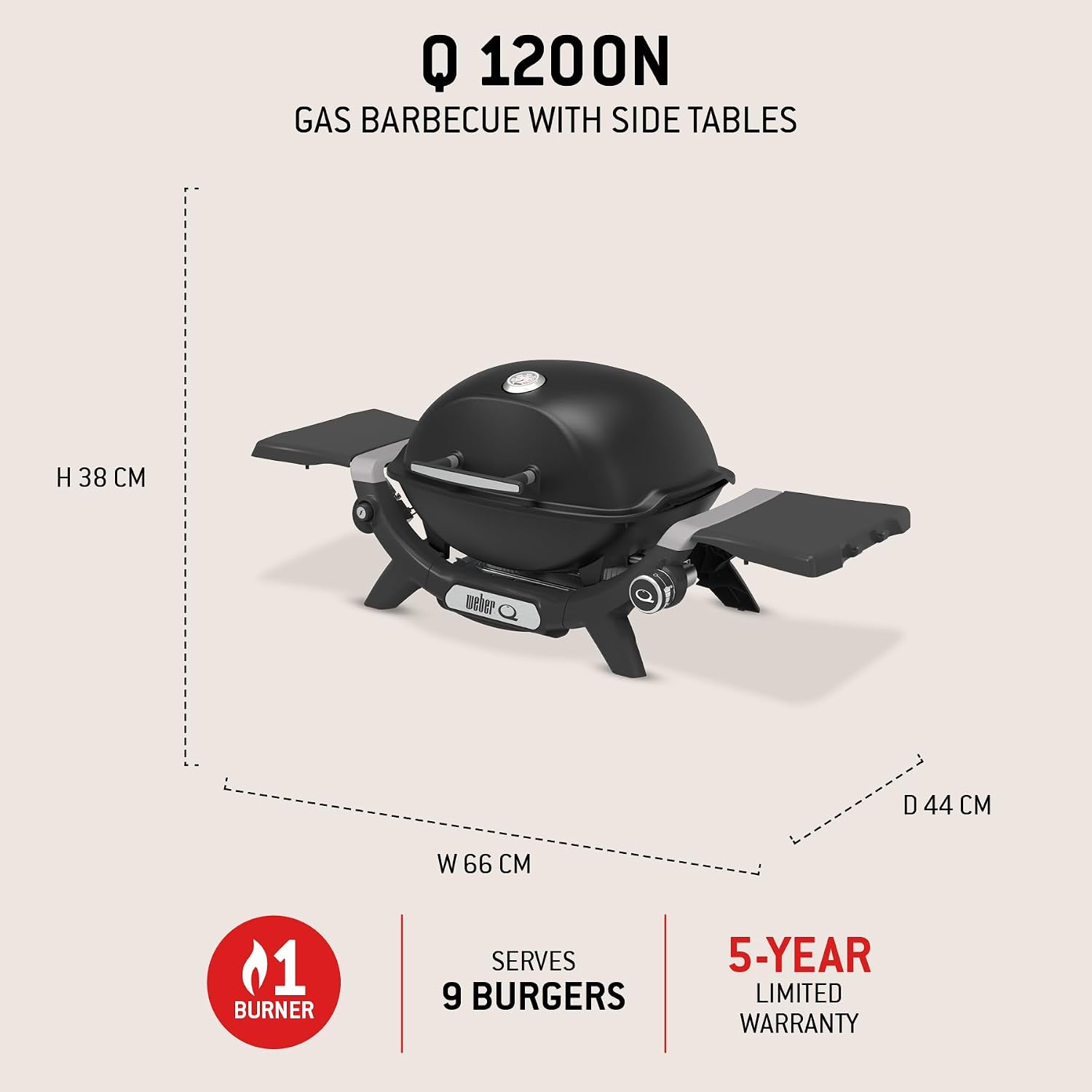 Weber Q 1200N Gasgrill mit Seitentischen/leichter Grill für Camping, Terrassen & Balkone mit Hochleistungsbrenner, porzellanemaillierten Gussrosten & elektronischer Zündung, Mitternachtsschwarz