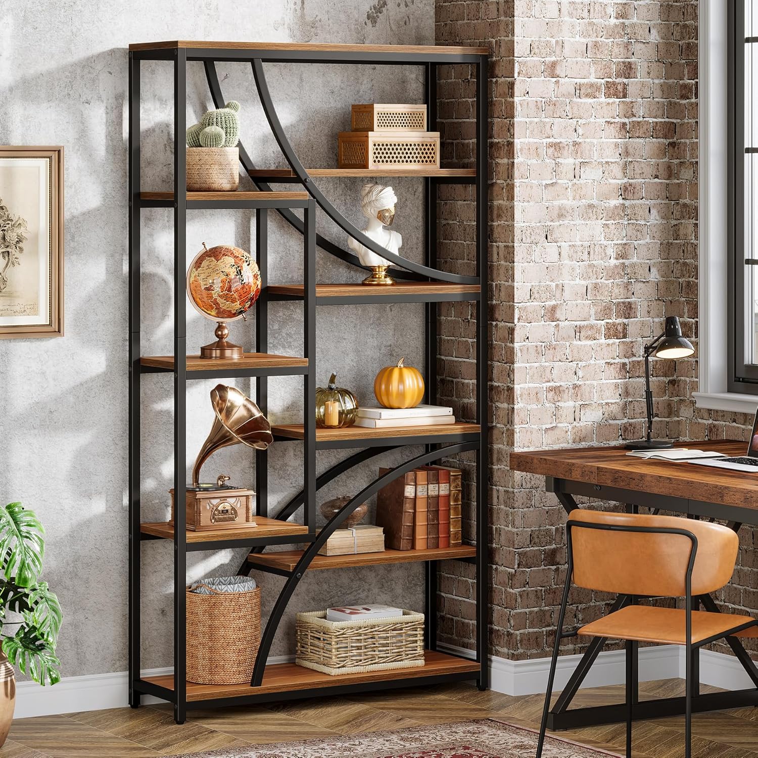 Tribesigns Bücherregal, 180 cm Regal mit 9 Ebenen, Großer Geometrischer Bücherschrank mit Offenen Fächern, Frei Stehendes Holz- & Metall Standregal für Wohnzimmer, Industrie-Design, Braun & Schwarz