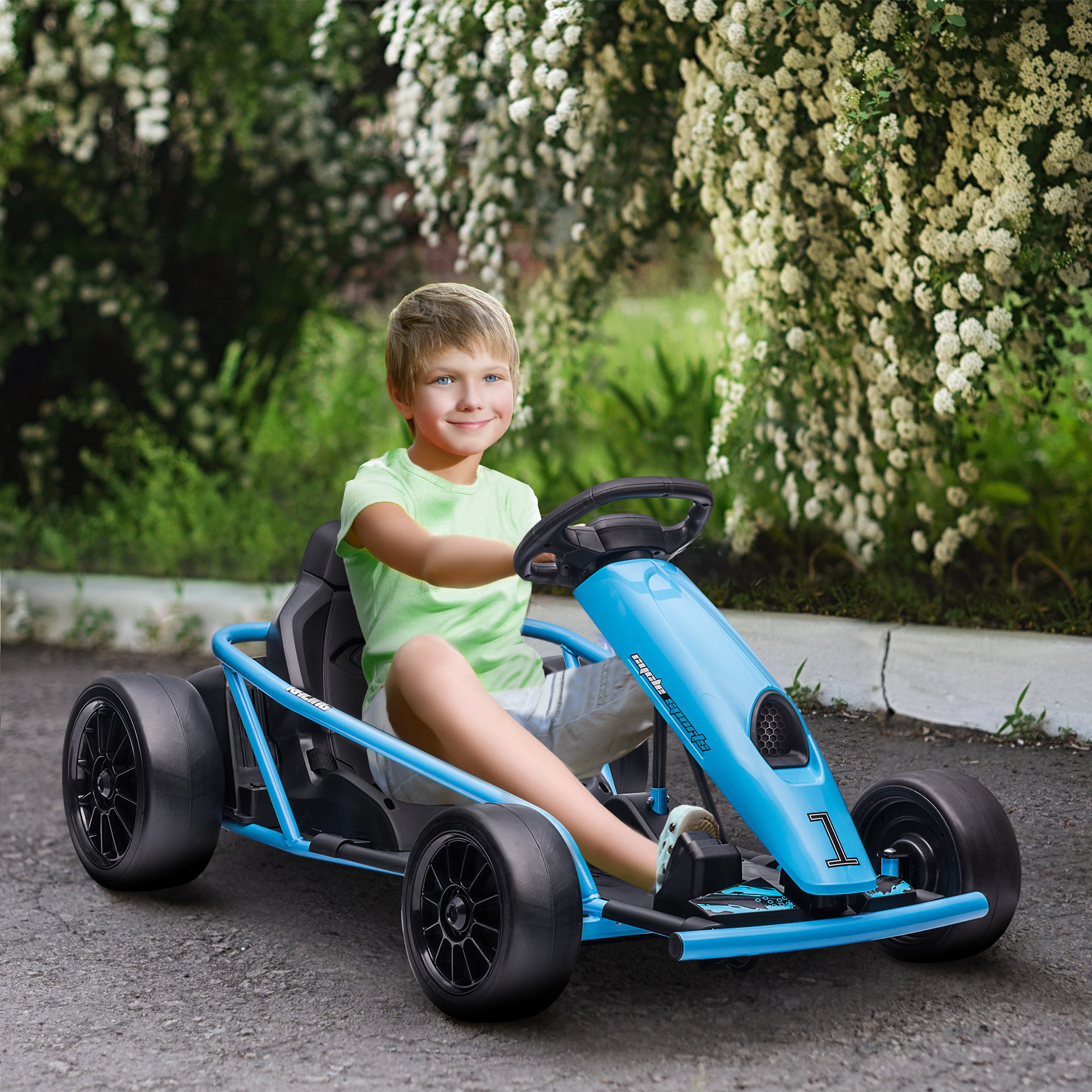 Elektrische Go-kart voor Kinderen, Driftfunctie, Claxon, Muziek, Veiligheidsgordel, Soft-Start, Blauw/Zwart