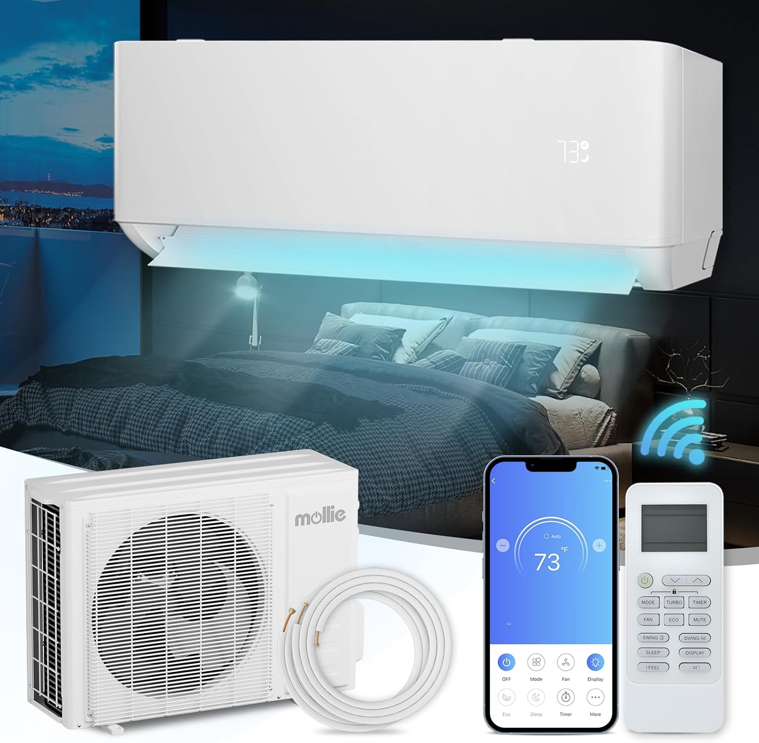 Mollie Wifi Enabled 9000 BTU Split-Klimaanlage 115V Wandmontage, Heizsystem, 22 SEER2, Wärmepumpe und waschbare Filter und Anlagen - kühlt Räume bis zu