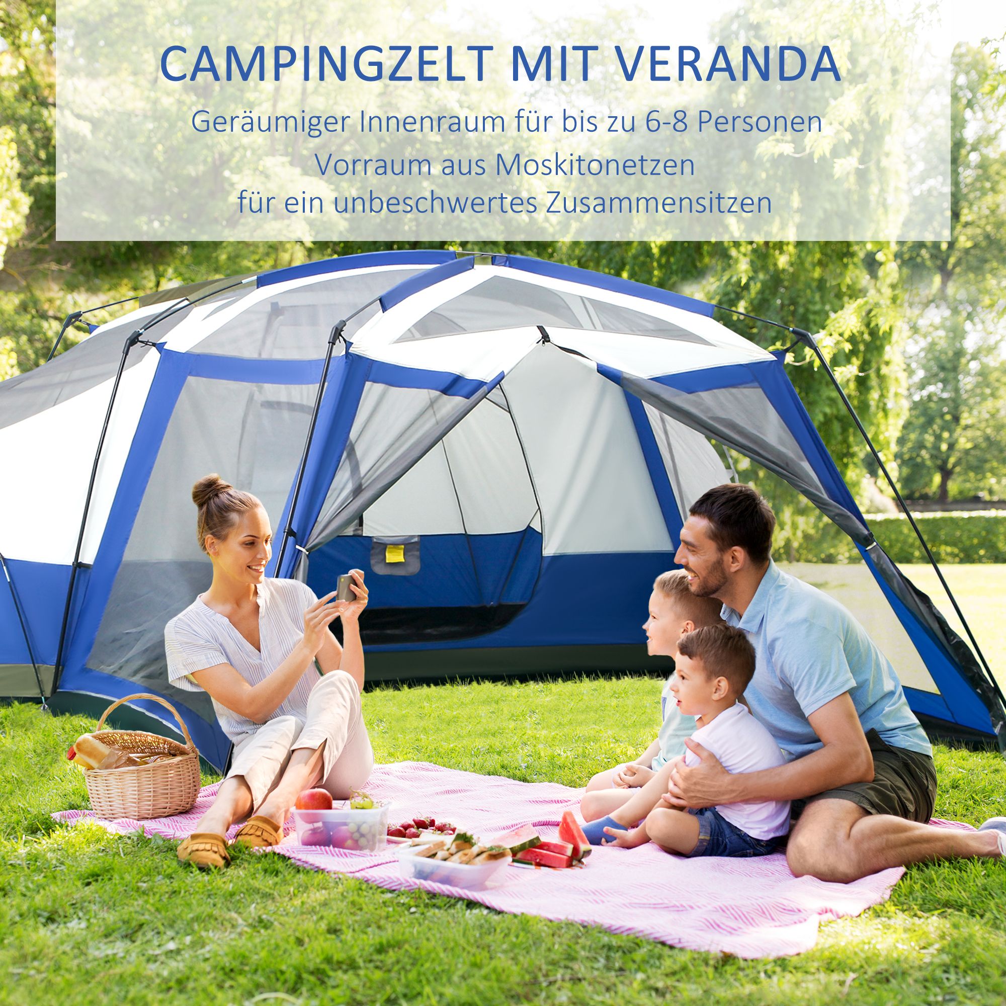 Camping Tent 6-8 Persoons Familietent met Vestibule Glasvezel Blauw