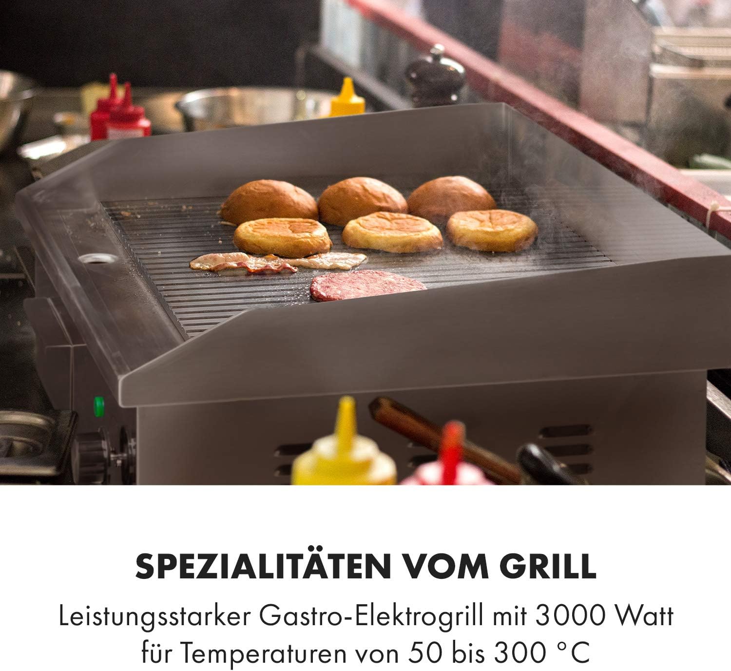 Klarstein Elektrogrill, Grillplatte, Elektrische Grillplatte, Tischgrill, Elektrogrill aus Edelstahl, Spritzschutz & Auffangbehälter, Glatte XL Grillfläche: 54,5x35 cm, Stufenlos 50-300 °C, 3000 Watt