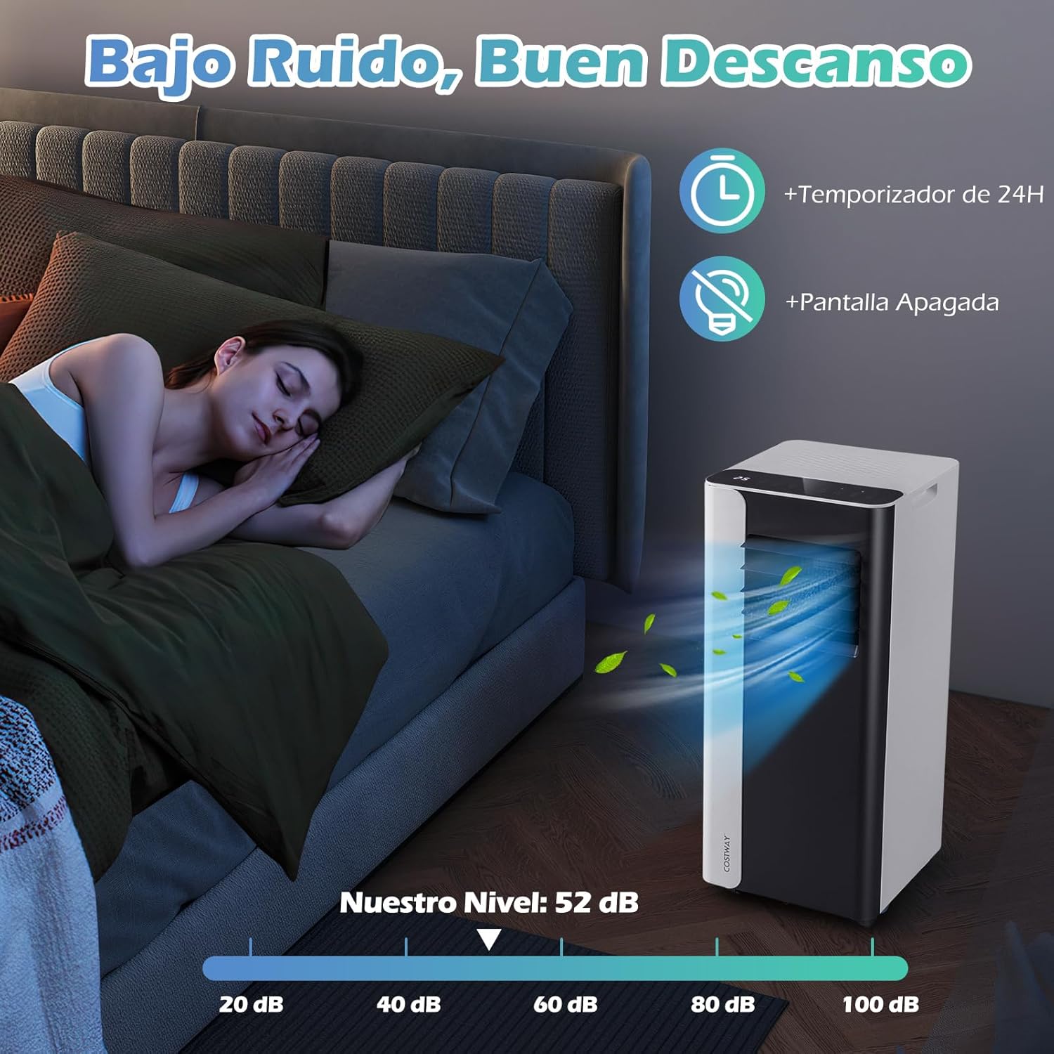COSTWAY 7000 BTU Aire Acondicionado Portátil Silencioso, 4 en 1 Aire Acondicionado Móvil, Ventilador y Deshumidificador, Modo Noche, Temporizador 24H, Control Remoto/Pantalla, 28 m²