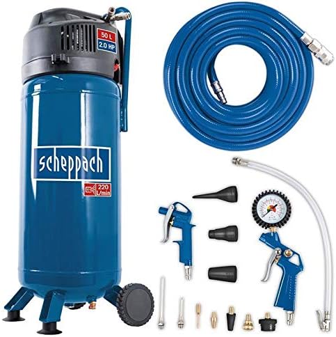 Scheppach Kompressor HC51V (1500W, 50 L, 10 bar, Ansaugleistung 220 l/min, Druckminderer, ölfrei, stehende platzsparende Bauweise) - inkl. 13-teiligem Druckluft-Werkzeug-Set + 15 m Gewebeschlauch