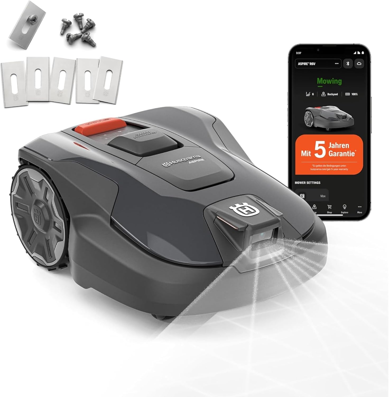 HUSQVARNA Automower® Aspire R6V Mähroboter – ohne Begrenzungskabel, AI Vision, GPS-Navigation, App-Steuerung, virtuelle Zonen, bis 600 m² – inkl. 6 Ersatzmesser