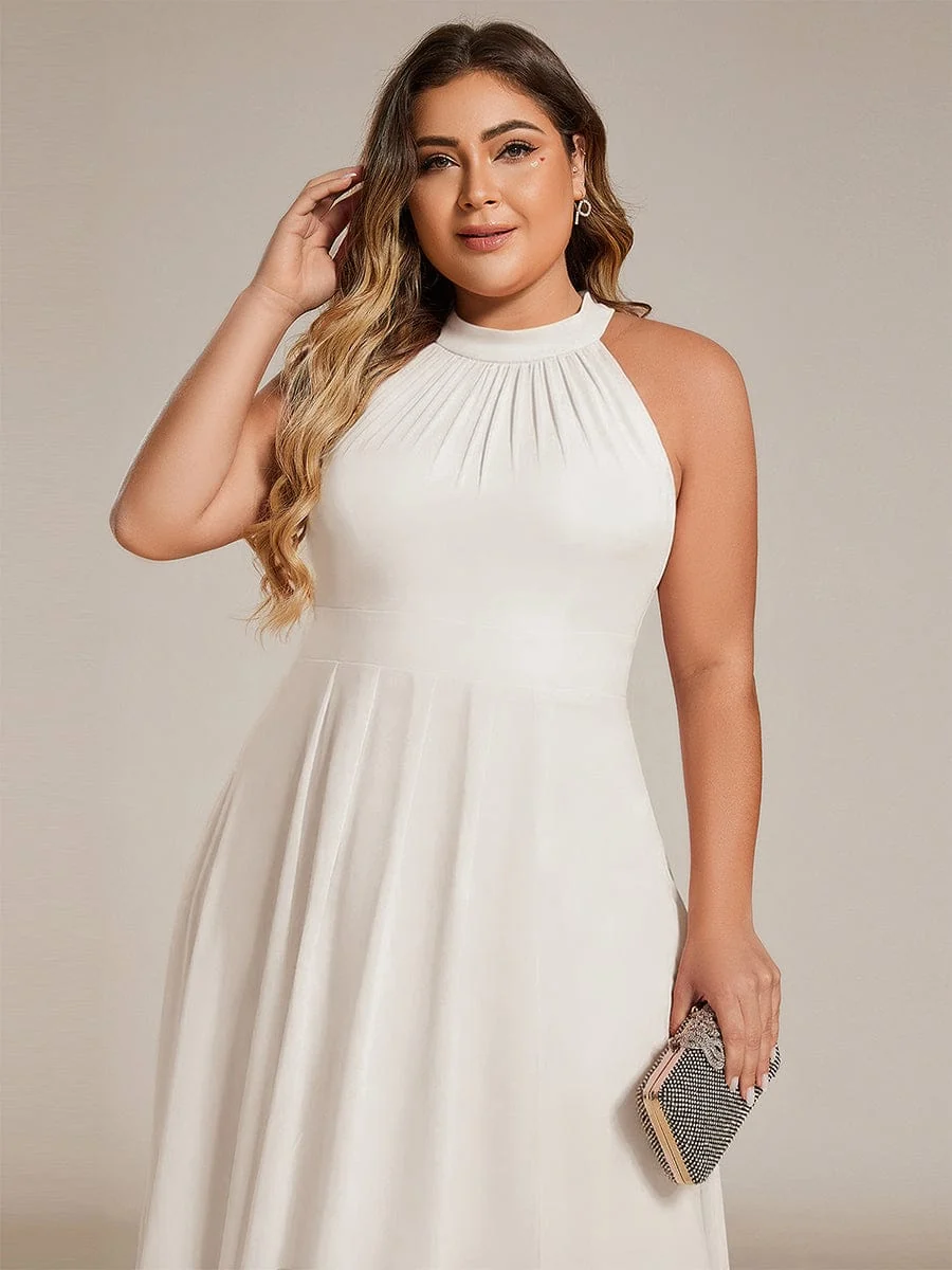 Damen Chiffon Midi-Kleid in A-Linie | Festliches Halterneck Kleid mit Plissee-Details | Sommerliches Kleid f��r Hochzeitsg?ste