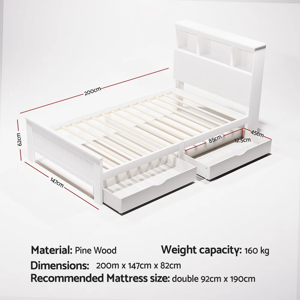 Artiss Bed Frame King Single Size Wooden with 2 Storage Drawers White