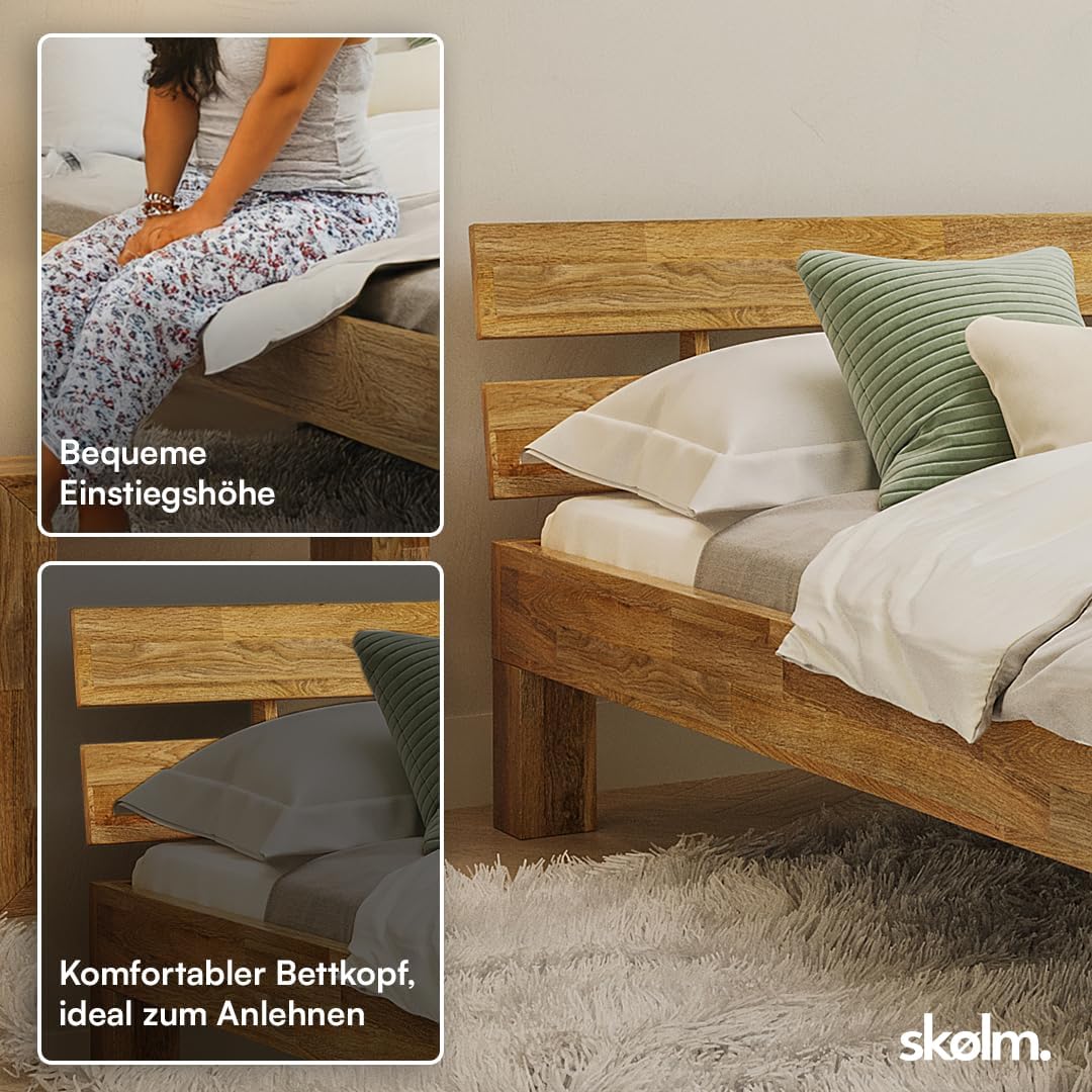 skølm Floki Massivholzbett 160x200 cm aus Eiche - hochwertiges Bettgestell - Bettrahmen mit Bettkopf - Holzbett in Natur geölt - Bett 160x200 cm geeignet als Doppelbett - Futonbett