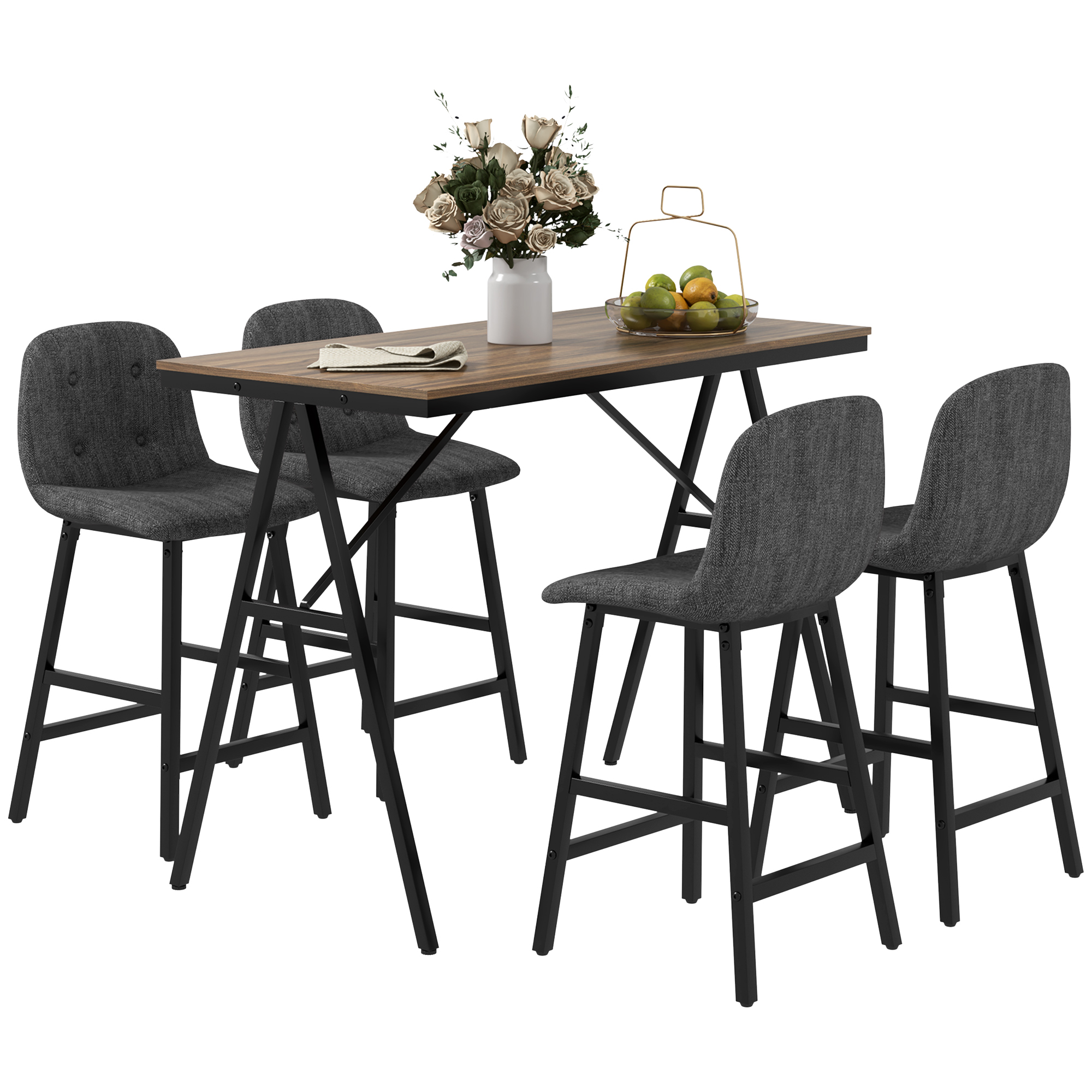 5-delige Bargarnituur, Tafel en 4 Stoelen, Knoopafwerking, Dikke Bekleding, Linnenlook, Donkergrijs
