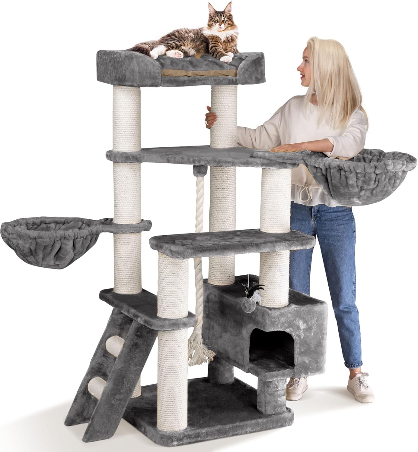 HAPPYPET Kratzbaum große Katzen XXL Jacob - Katzenbaum Deckenhoch, Stabil und Massiv mit Sisalsäulen und Dicker Bodenplatte, Ideal für Schwere Rassen