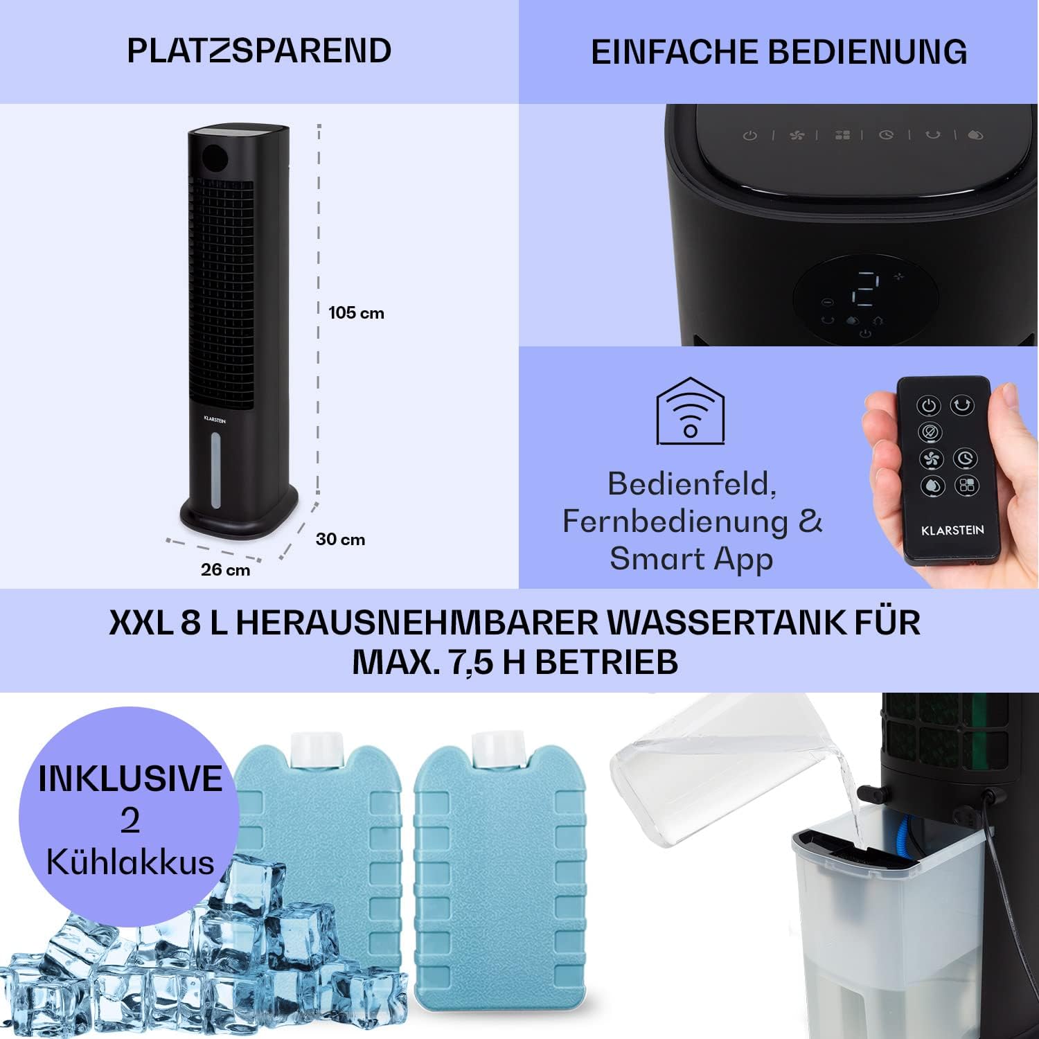 Klarstein Luftkühler mit Wasserkühlung, 5-in-1 Verdunstungskühler, Luftbefeuchter, Ventilator & Luftreiniger, Mobile Klimageräte Luftkühler mit App-Steuerung, 80W Air Cooler, 462m³/h Luftstrom, Weiß