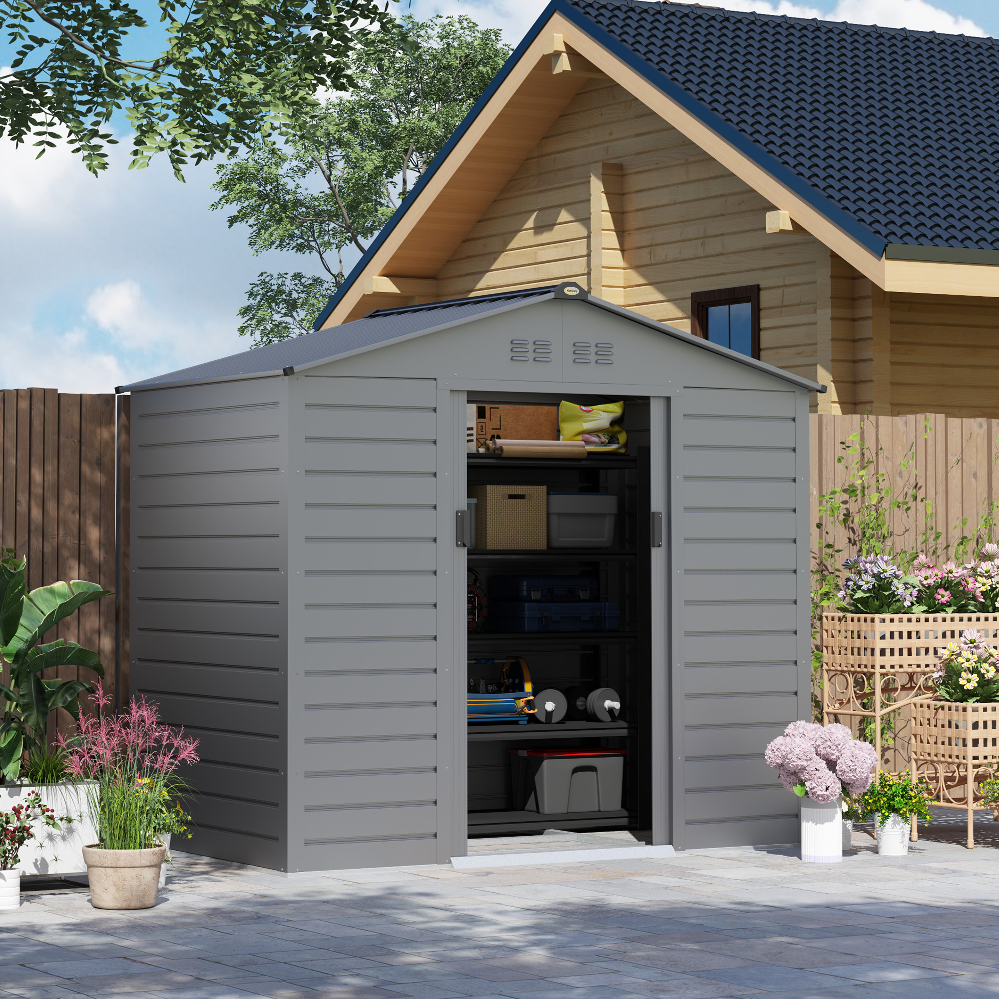 2,1 x 1,3 m Tuinschuur, Gereedschapsschuur van Staal, Afsluitbare Deuren, 4 Ventilatieopeningen, Grijs