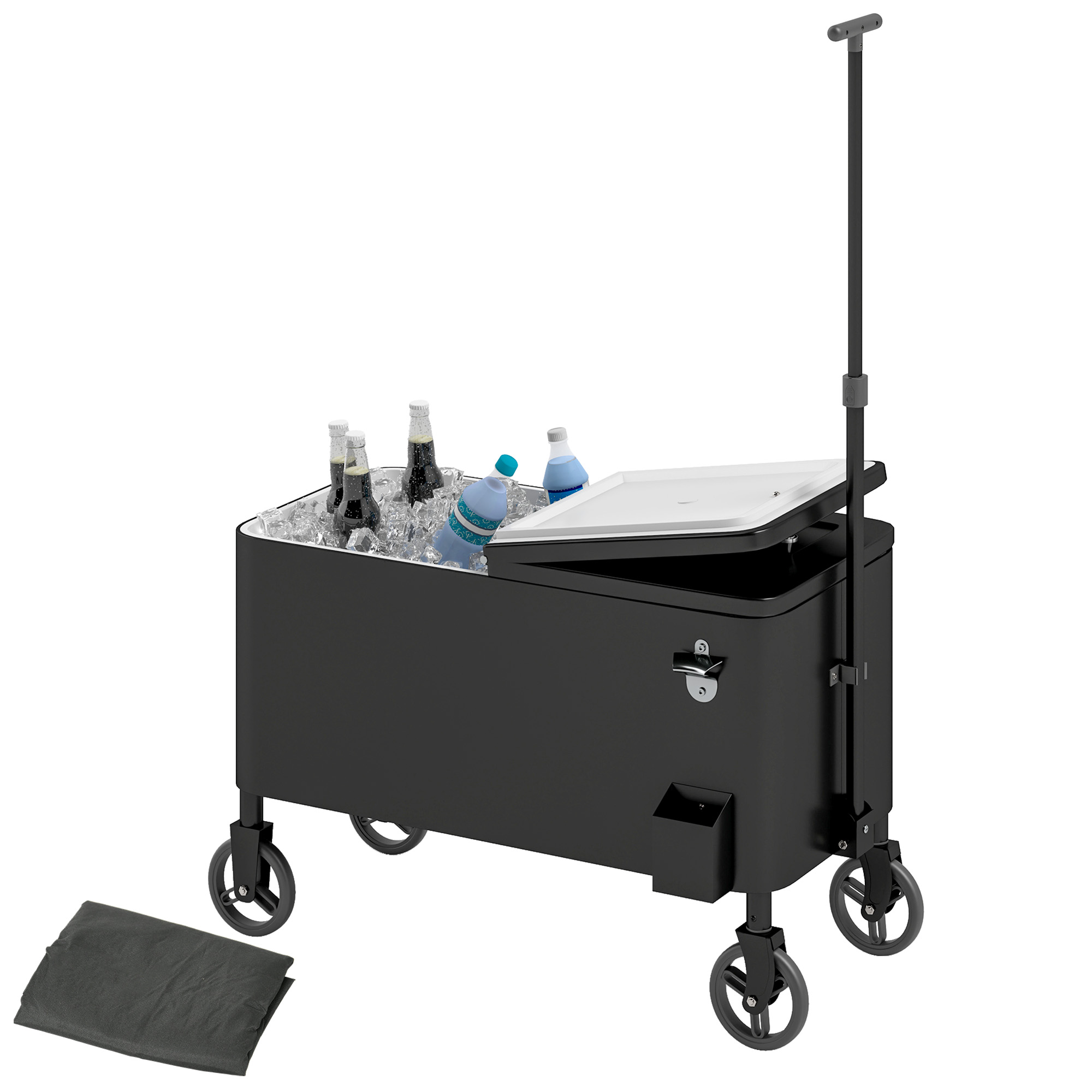 76L Koelwagen Serveerwagen met Wielen, Flessenopener, Deksel, Grepen, Verrijdbare Koelbox Zwart