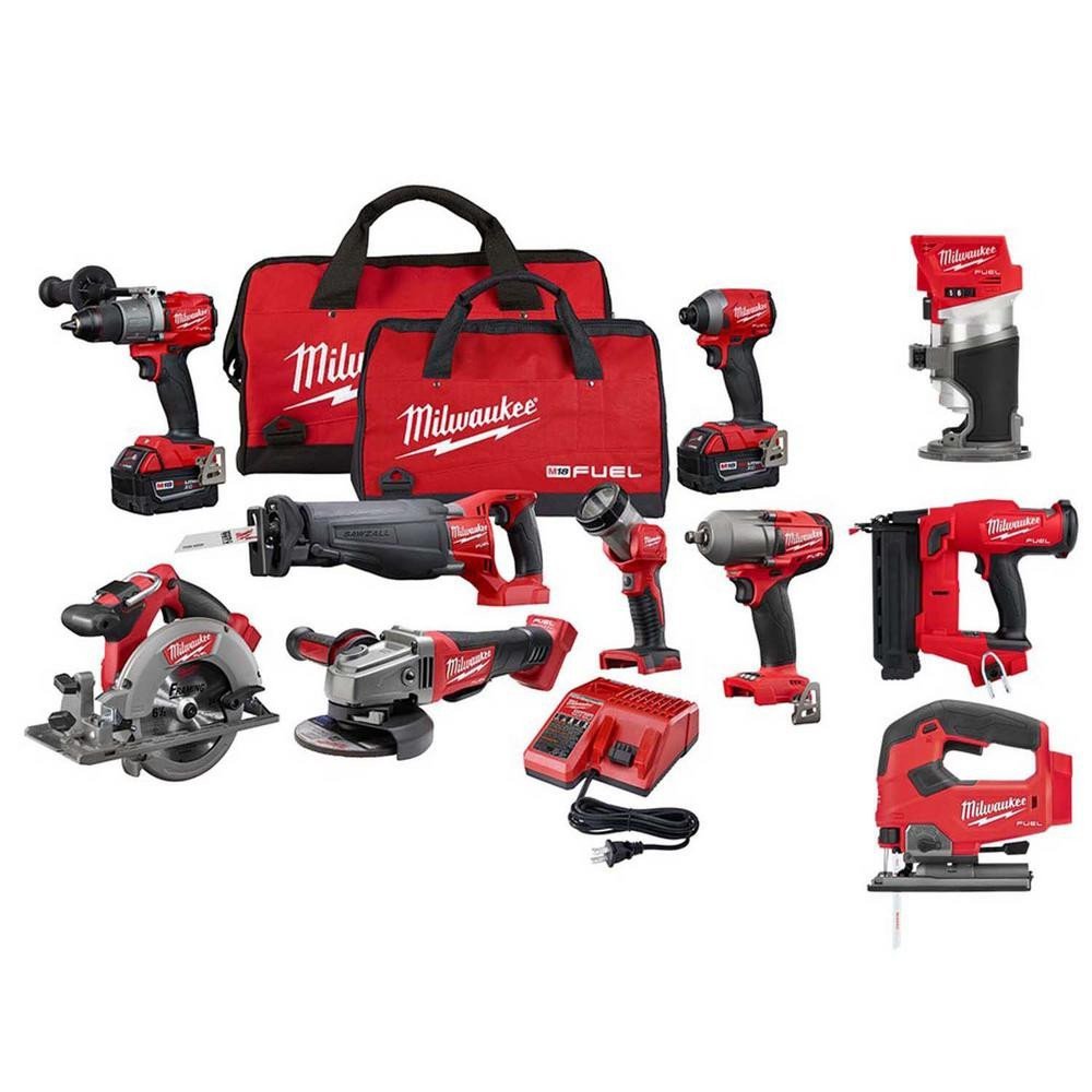 2025 Milwaukee M18 FUEL 18-Volt Lithium-Ion Brushless Cordless Combo Kit (10-Tool) W/(2) 5.0 Ah Batteries. (1) Charger. (2) Tool Bags