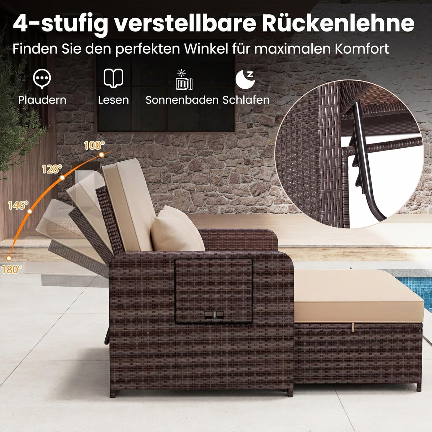 COSTWAY 3 in 1 Polyrattan Sonnenliege, Gartenliege mit Verstellbarer Rückenlehne & Seitenablagen, Loungebett, Doppelliege mit Kissen, Gartensofa mit Hocker & Stauraum für Garten