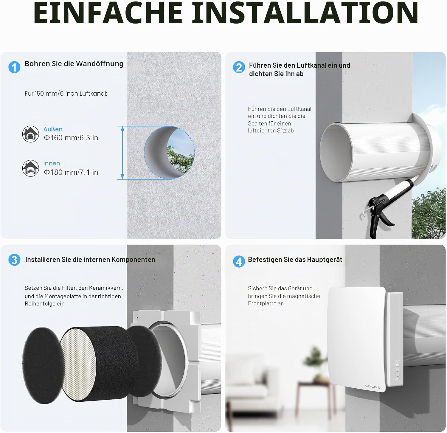 VT501 Dezentrale Wohnraumlüftung mit Wärmerückgewinnung, 150 mm Wandlüfter mit Keramik-Wärmetauscher, WLAN & Fernbedienung, EC-Motor, Zuluft/Abluft, für Schlafzimmer, Keller, Garage