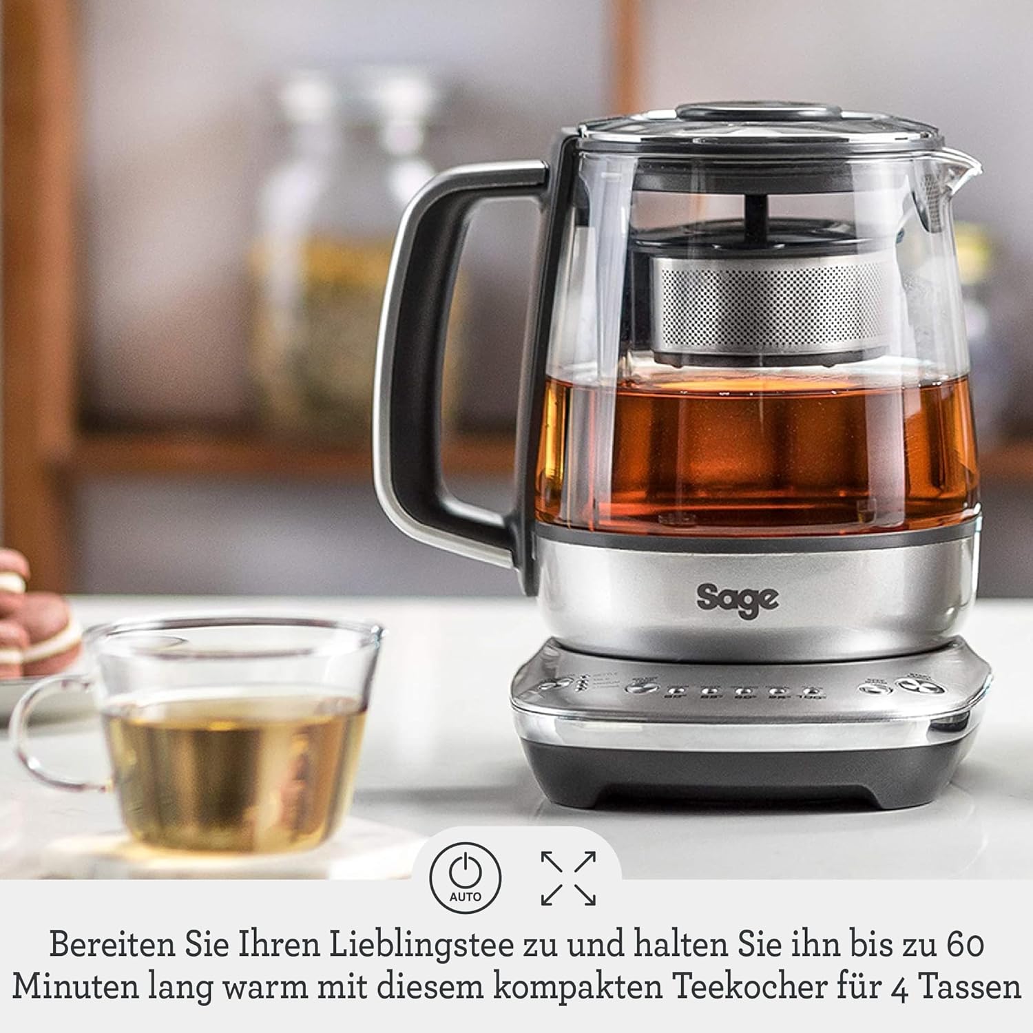 Sage - The Tea Maker - Teekocher - Teesieb mit Abesenkautomatik, optimale Ziehzeit, Stärke & Temperatur, Alle Teesorten - Wasserkocher, 1,5 L Fassungsvermögen, 2000W, Glas - Smoked Hickory