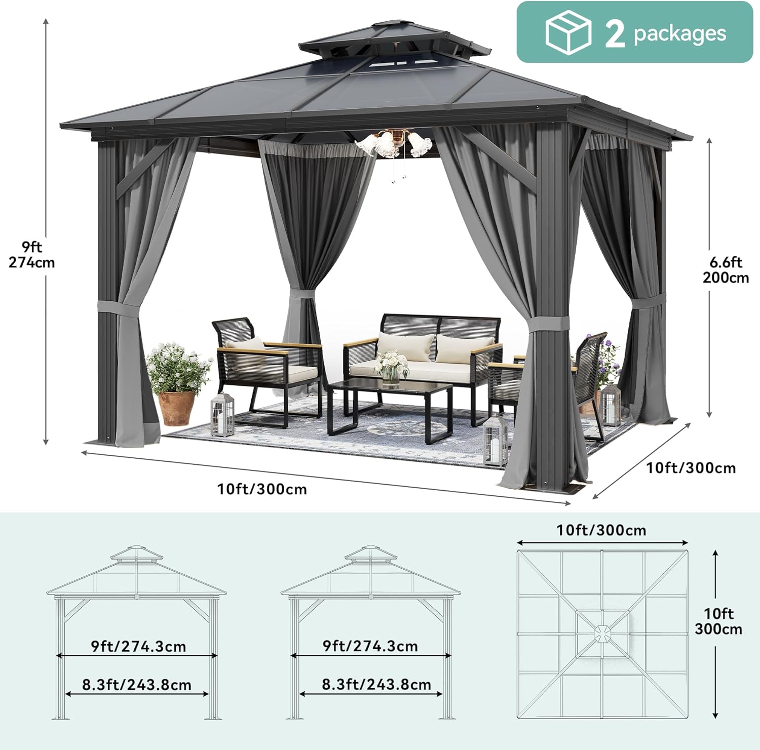 YITAHOME 3 x 3m Wasserdicht Polycarbonat Dach Pavillon mit Doppeldach,Netz und schattigen Vorhängen,Aluminium-Rahmen, Gartenzelt für Terrasse, Hinterhof, Deck und Rasen
