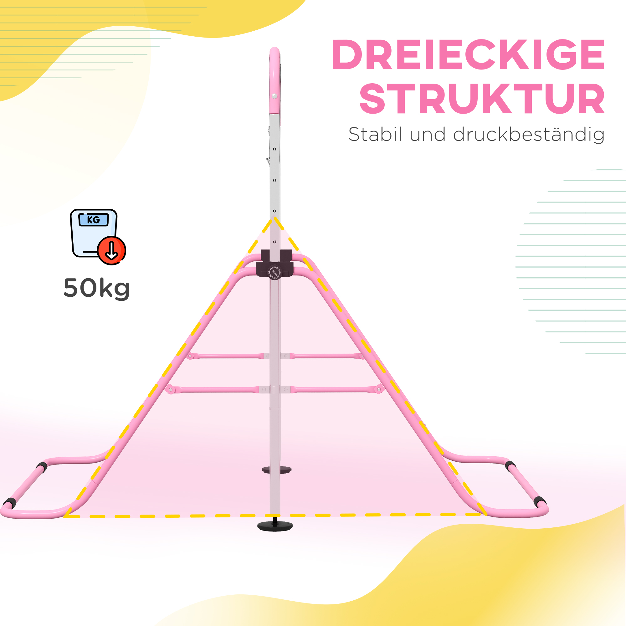 Kinderturnbar met Ringen, Hoogteverstelbaar, Opvouwbaar, Antislip, Stalen Frame, 148x105x88-128 cm, Roze