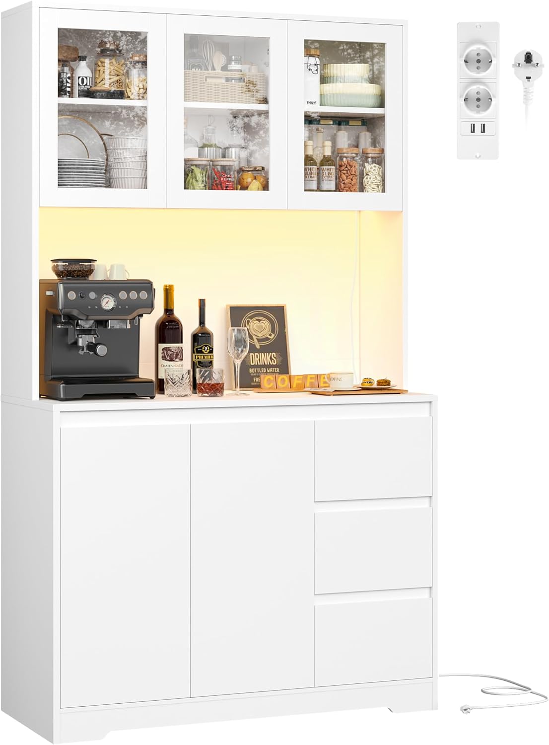 FirFurd Küchenschrank Buffetschrank mit LED Sideboard für Küche mit Steckdosenleiste Küchenschrank mit Arbeitsplatte und 3 Schubladen Küchenbuffet mit Verstellbares Regal 180x100x38.5 cm weiß