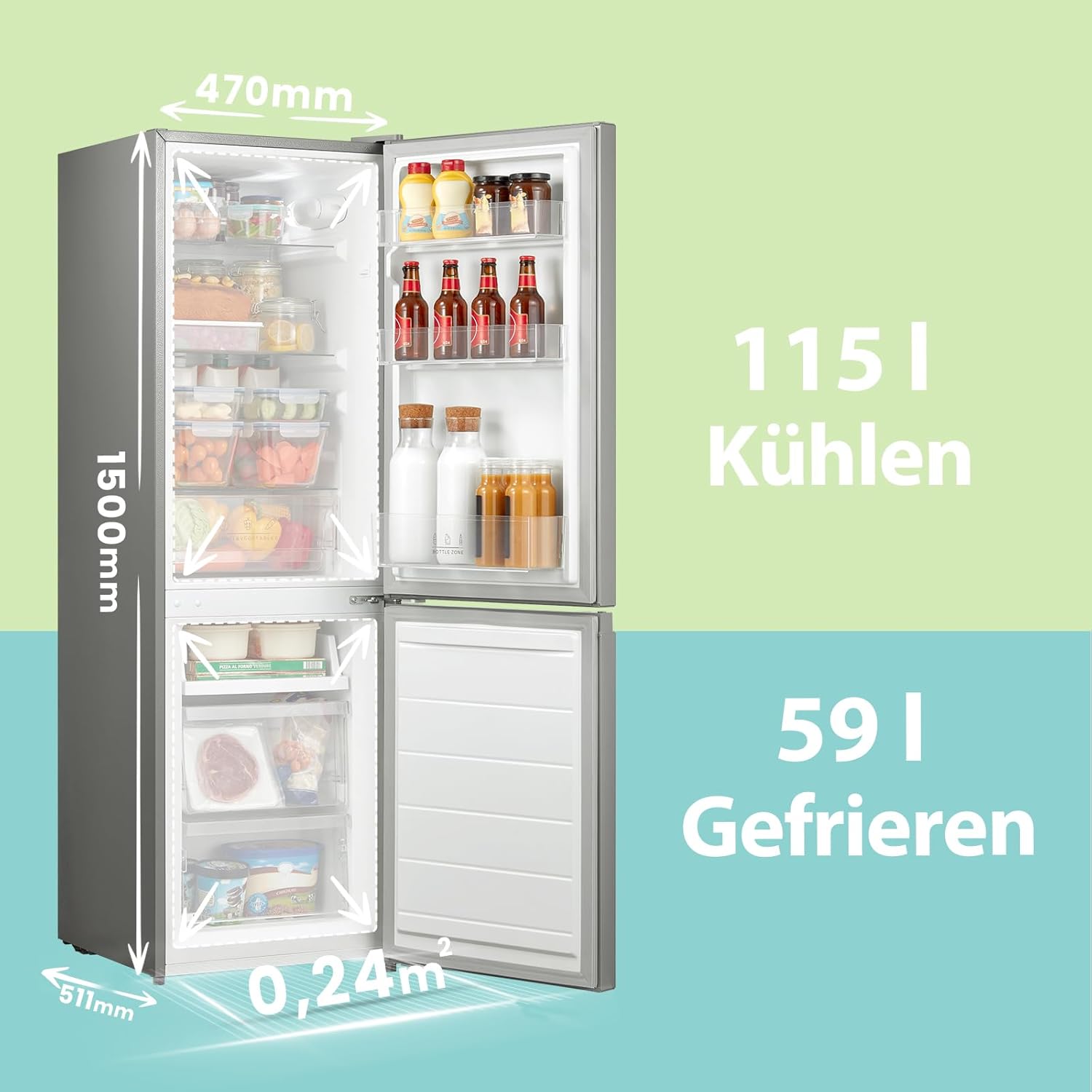 Comfee RCB169DK2(E) Fridge/Freezer Combination, 150 cm Height, Low Frost, Adjustable Fridge Temperature, LED Light, 195 kWh per Year, Fridge Capacity 115 L, 59 L Freezer, Black