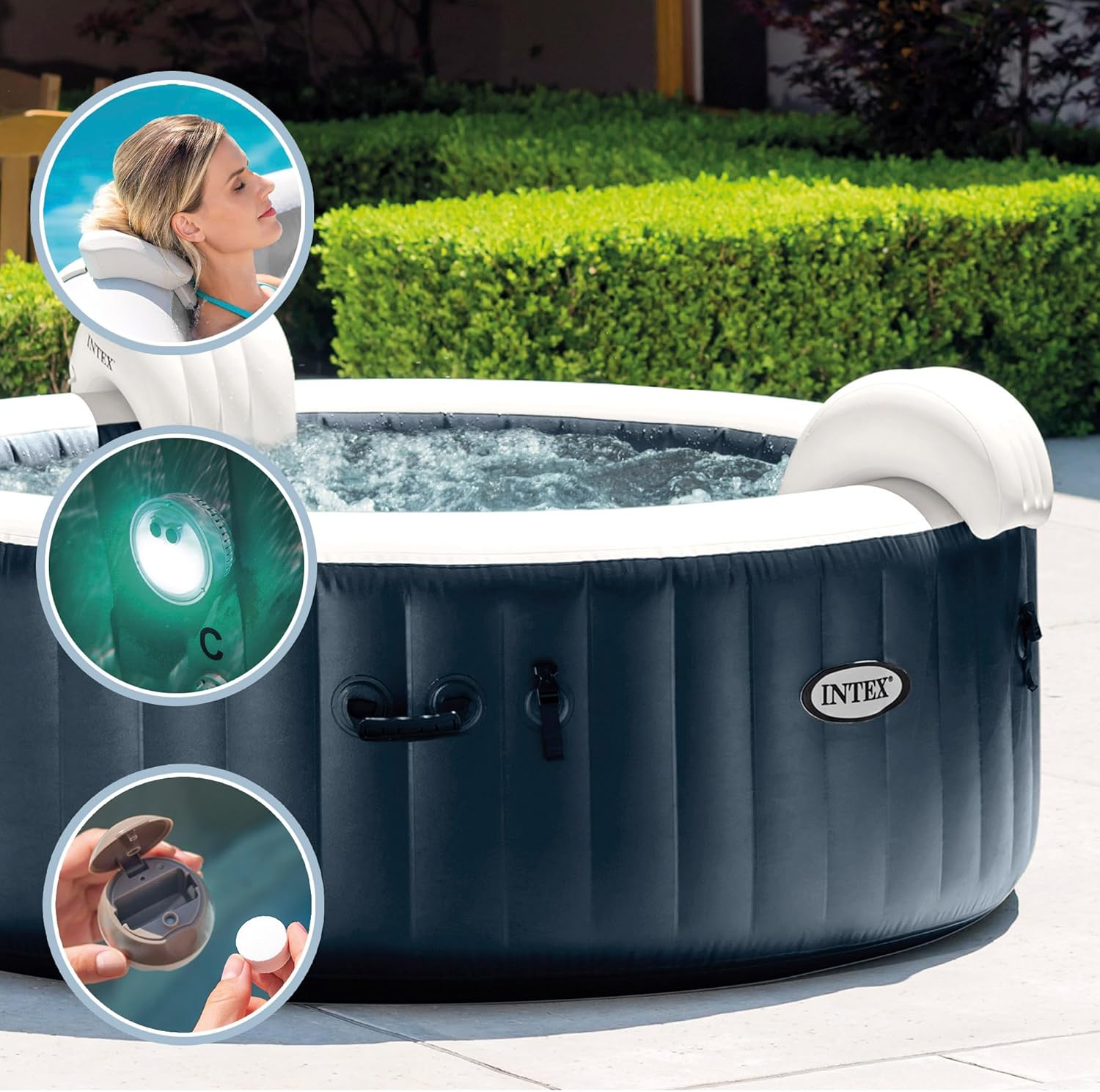 Intex 28430EX - Whirlpool aufblasbar PureSpa Bubble Massage, 4 Personen, 140 Düsen, Heizung, PVC, Navyblau, ⌀ 196x71 cm