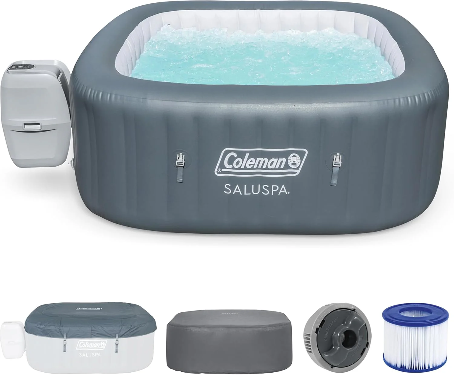 Coleman SaluSpa Atlantis AirJet 4 to 6 Person Inflatable Hot Tub Square Portable Outdoor Spa with 140 Soothing Jets with Cover. Blue