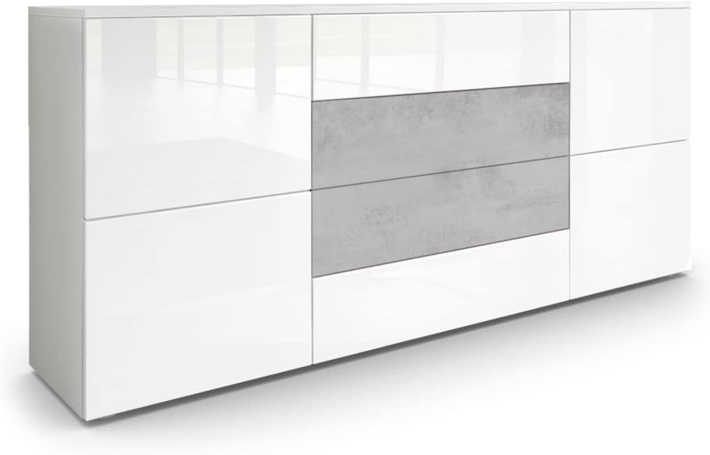 Vladon Sideboard Rova, Made in Germany, Kommode mit 4 Türen und 4 Schubladen, Weiß matt/Weiß Hochglanz/Beton Oxid Optik (166 x 72 x 35 cm)