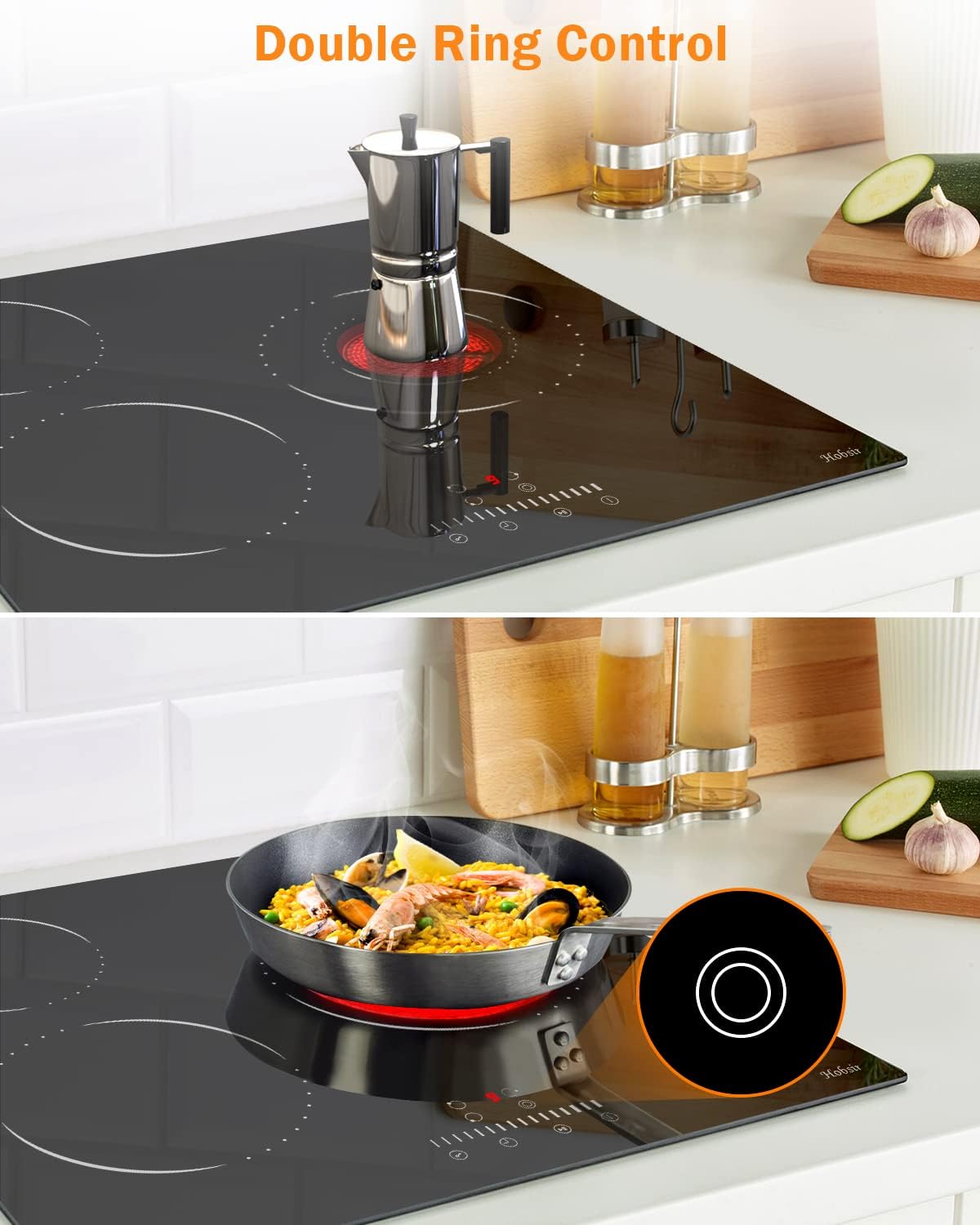 Glaskeramikkochfeld 4 Zonen Kochfelder Sensor-touch Control Kochfeld Autark 60cm, 6000W, 9 Leistungsstufe, verkabelt, kein Stecker