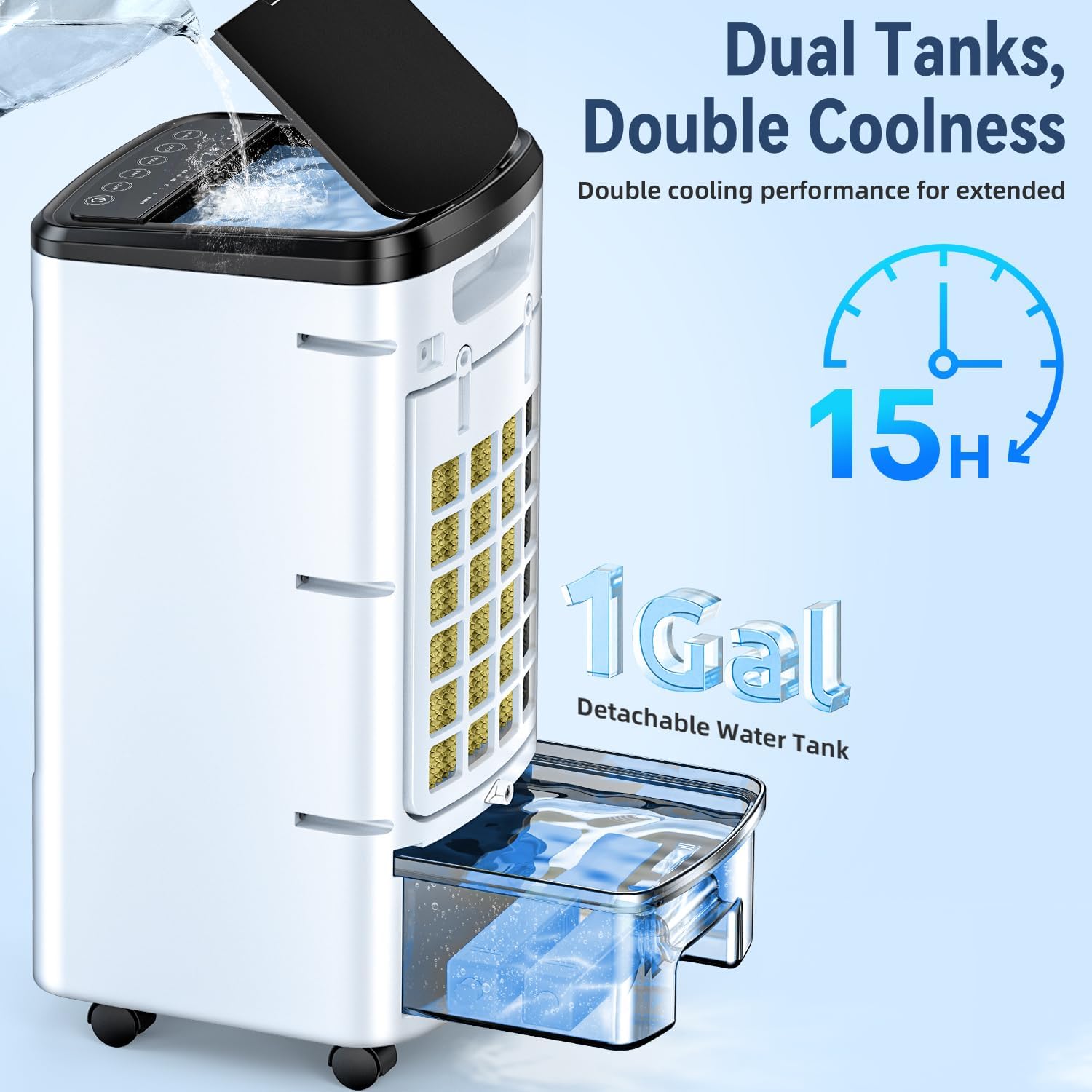 FANCOLE Tragbare Klimageräte ohne Fenster mit 6 Kühlakkus, 12H Smart Timer für Auto-Off, 7,8 m Fernbedienung, Top Fill Dual Tank, 3 Geschwindigkeiten Verdunstungsluftkühler, 70° Auto Swing Swamp