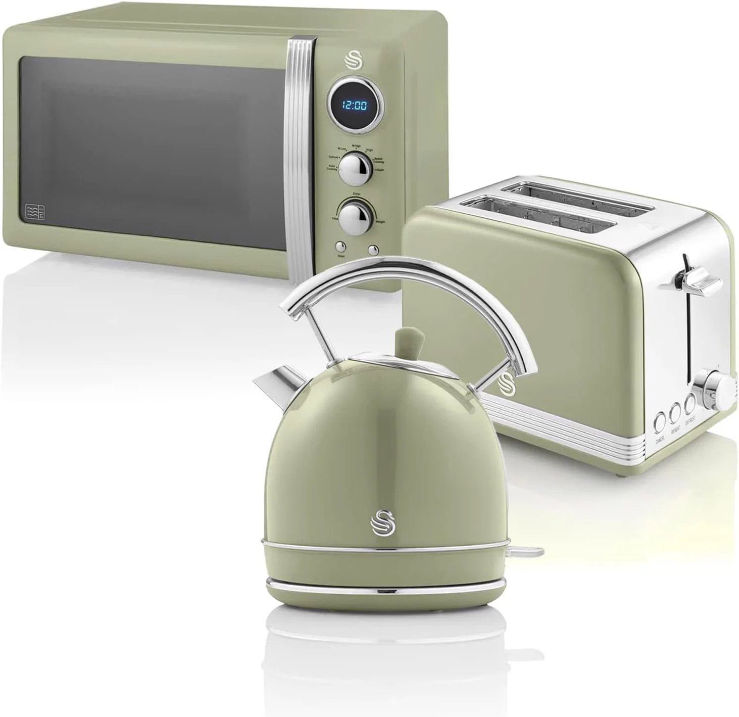 Swan Retro Set Desayuno Hervidor de Agua 1,8 L, Tostadora Pan Ranura Ancha 2 Rebanadas, Microondas Digital 20L, 6 Niveles de Potencia,Temporizador, Puerta Espejo, Diseño Vintage, Verde
