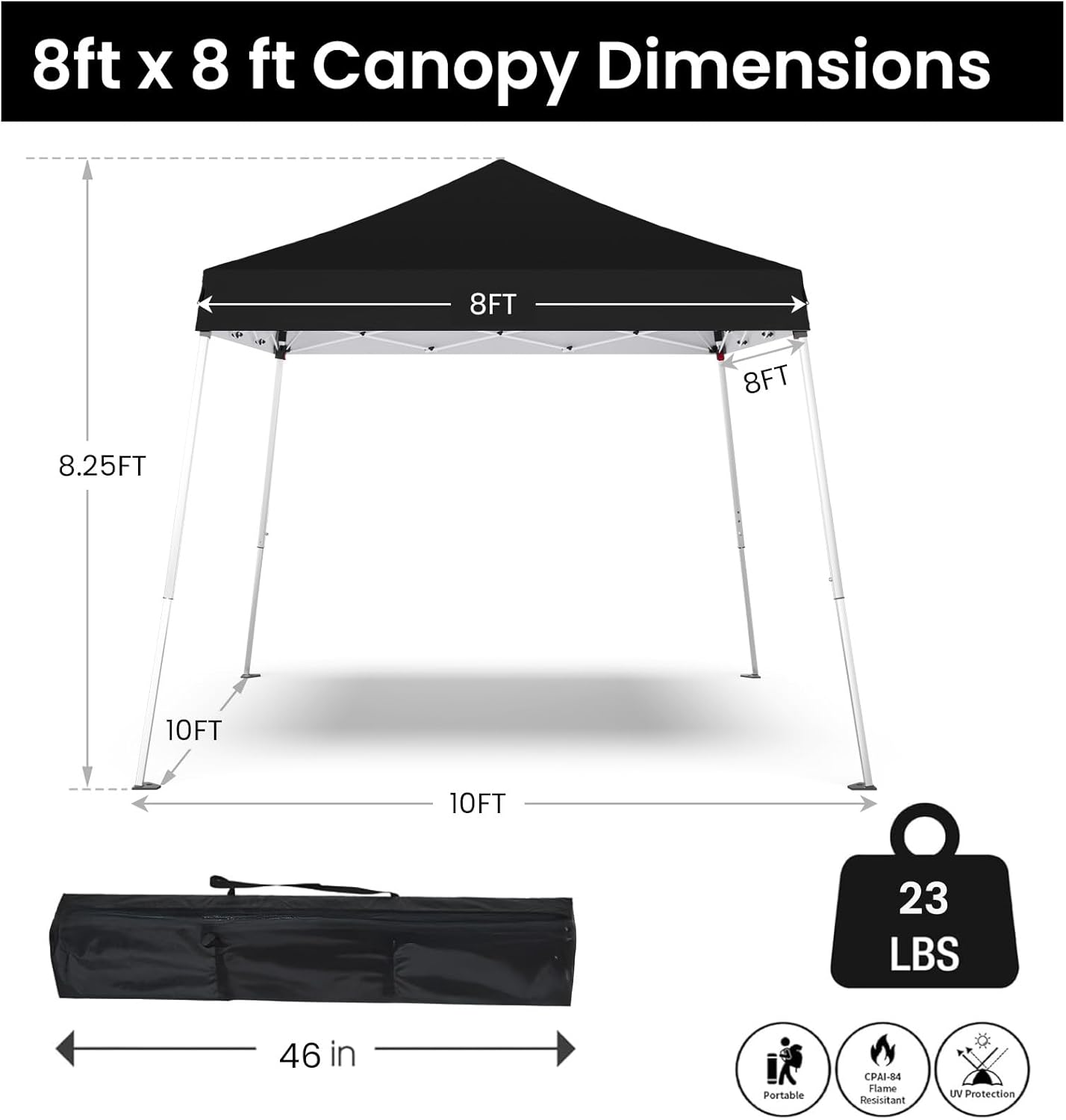Pop-Up-Zelt, tragbares Outdoor-Baldachin für Partys, Camping, schräge Beine, Klappzelt, Sportunterstand, Strandzelt, Boden 25,4 x 25,4 cm, oben 20,3 x 20,3 cm, verstellbare Höhe (schwarz)