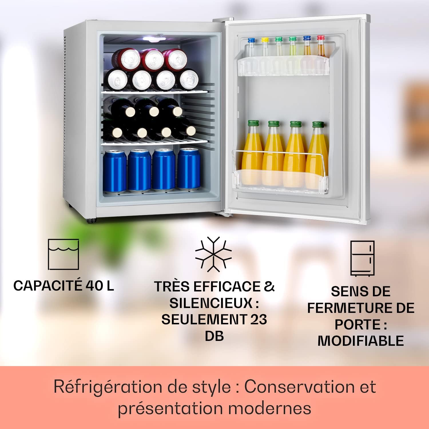 KLARSTEIN Petit Frigo de Chambre 40L pour Snacks et Boissons, Silencieux, Mini Bar, Réfrigérateur Camping et Cosmétique, Étagères Réglables, 5-15°C
