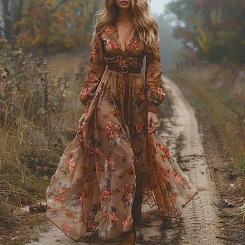 Bohemian-Maxikleid f��r Damen | Bestickter V-Ausschnitt