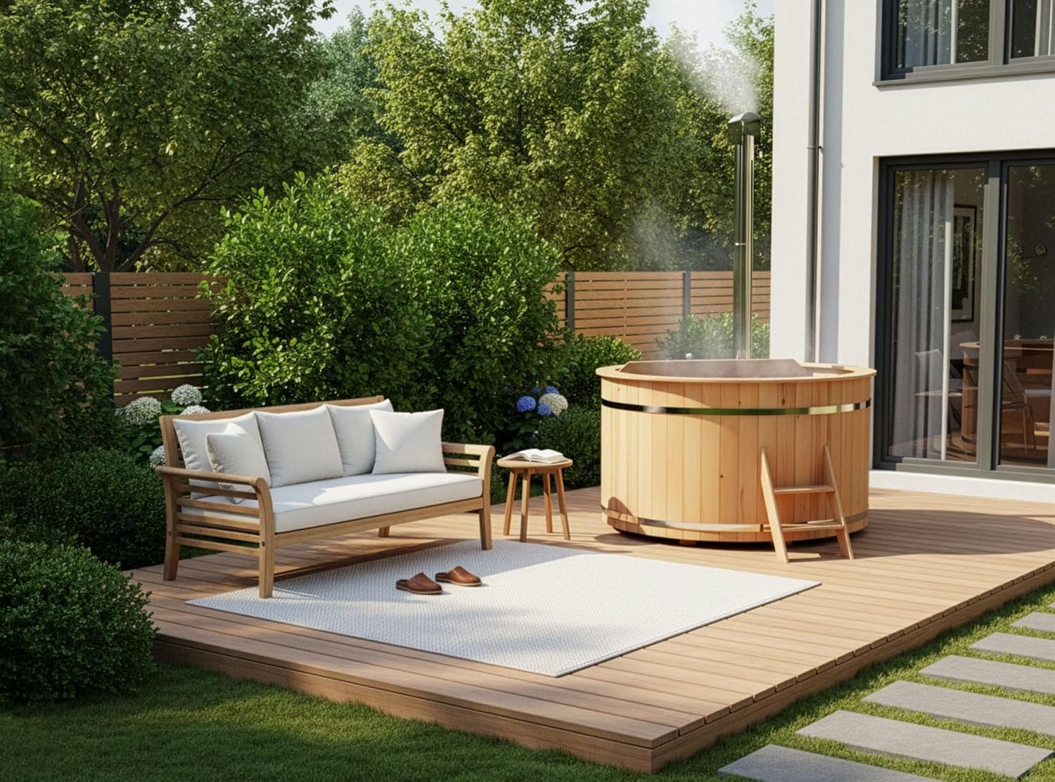 Holz Badefass Bergen, Hot Tub Ø 160 x 110 cm, inkl. Edelstahl-Ofen 22 kW und Einstiegsleiter, 3-4 Personen, Schwimmbecken, Badebottich, Sprudelbad