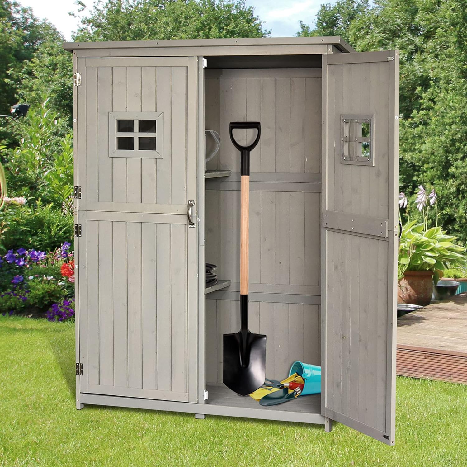 Outsunny Gartenschrank Holz Geräteschuppen Gerätehaus Geräteschrank Pultdach Garten Grau 127,5x50x164cm