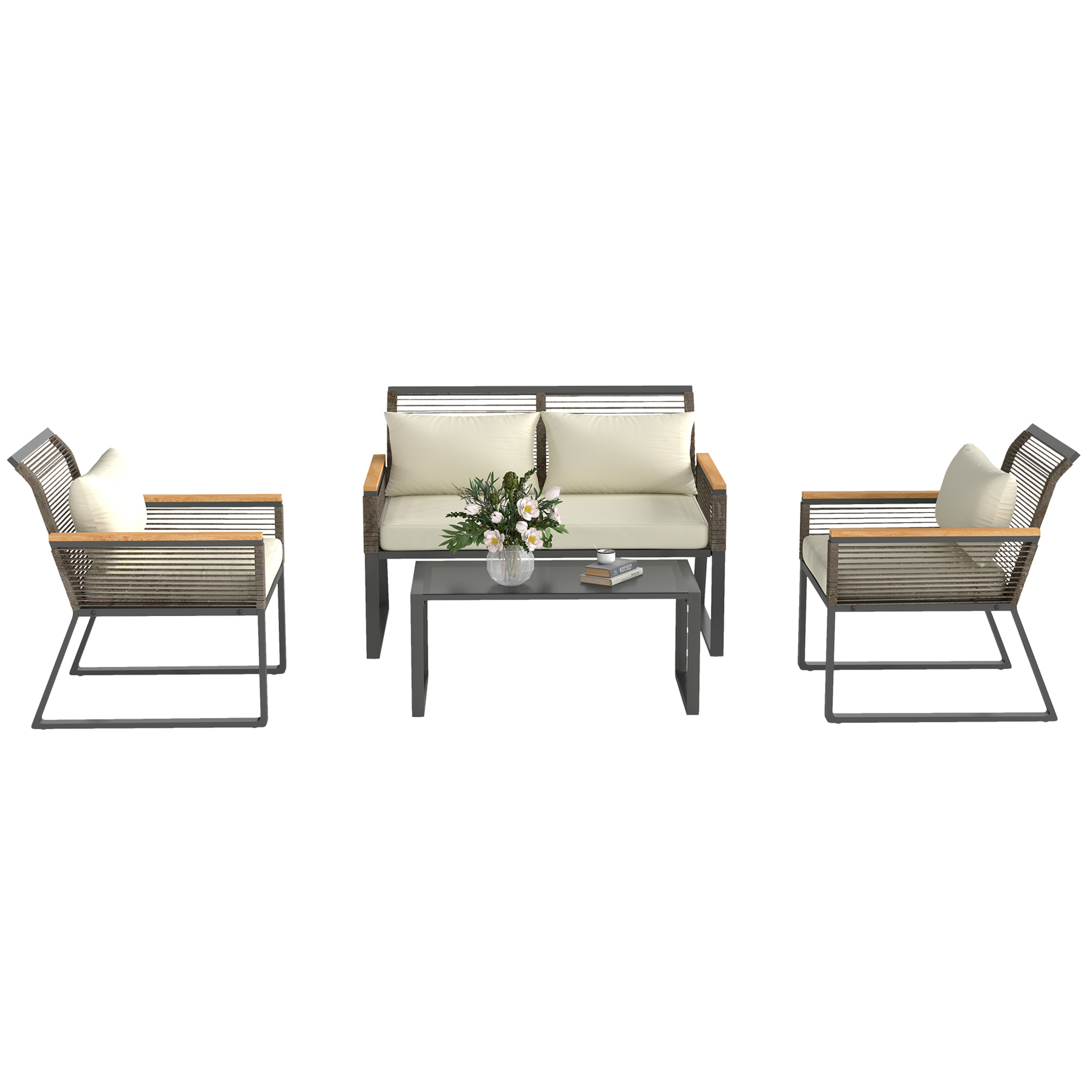 Polyrattan Tuinmeubelset voor 4 Personen, Weerbestendig Balkonmeubelset met 2-Zits Sofa, 2 Stoelen, Glastafel en Zitkussens, Beige