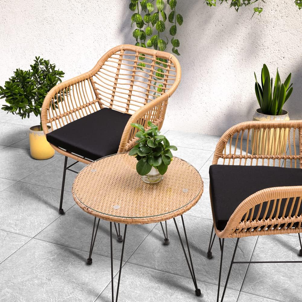 Casaria® Balkonset 3 teilig 5cm Auflagen Wetterfest 5mm Sicherheitsglasplatte Höhenverstellbar Rattan Look Outdoor Terrasse Balkon Gartenmöbel Korbsessel