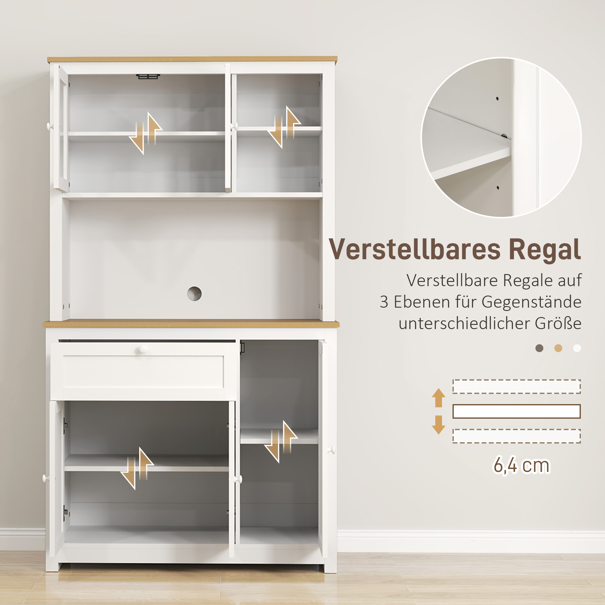Landhuisstijl Keukenkast, 1 Vitrine, 1 Open Schap, 1 Lade, 2 Kasten, Natuur + Wit