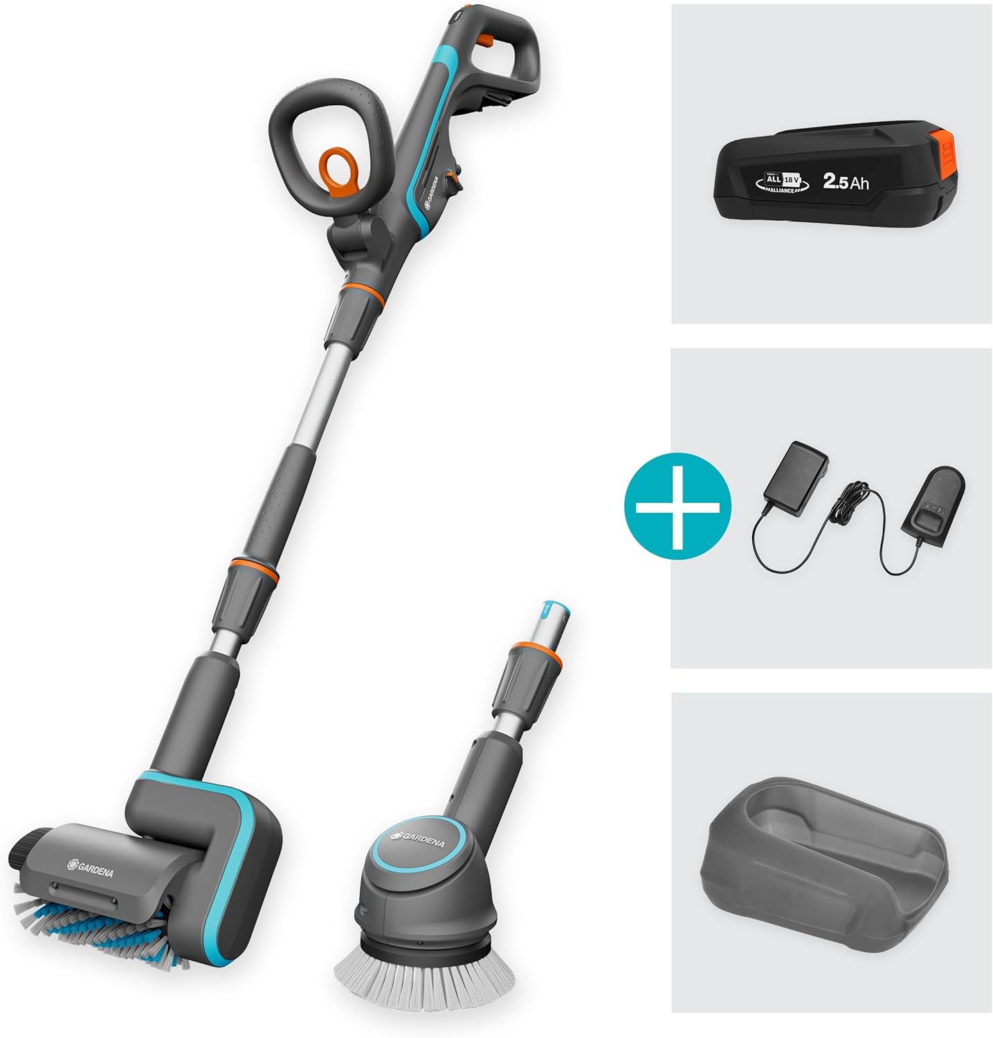 Gardena Akku-Multi-Reiniger AquaBrush Universal 04/18V PVA Ready-To-Use Set: Batteriebetriebenes Reinigungsgerät inkl. Akku, Nassreinigung von Terrassenböden, Komplettset (14842-20)