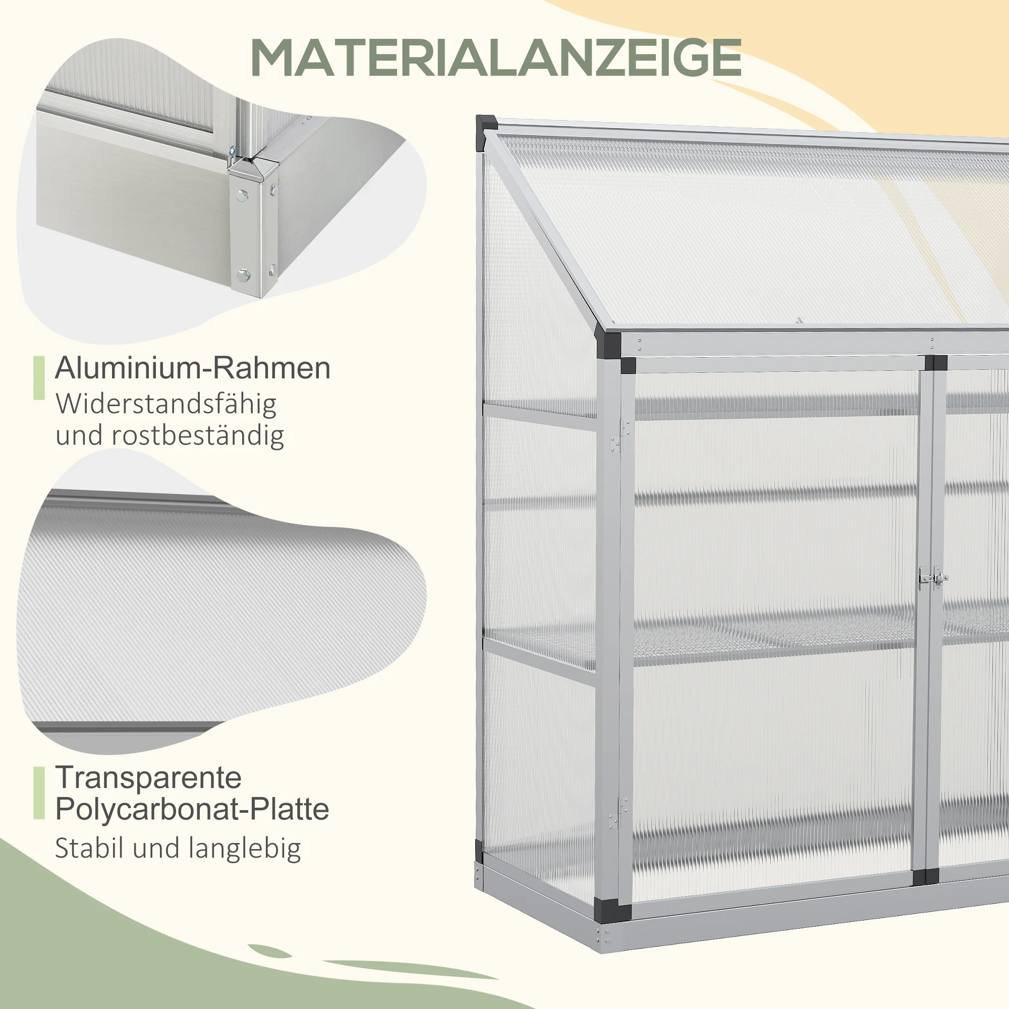 Outsunny serre met funderingsframe, behuizing van polycarbonaat, 2 planken, aluminium frame, 131 x 58 x 139,5 cm