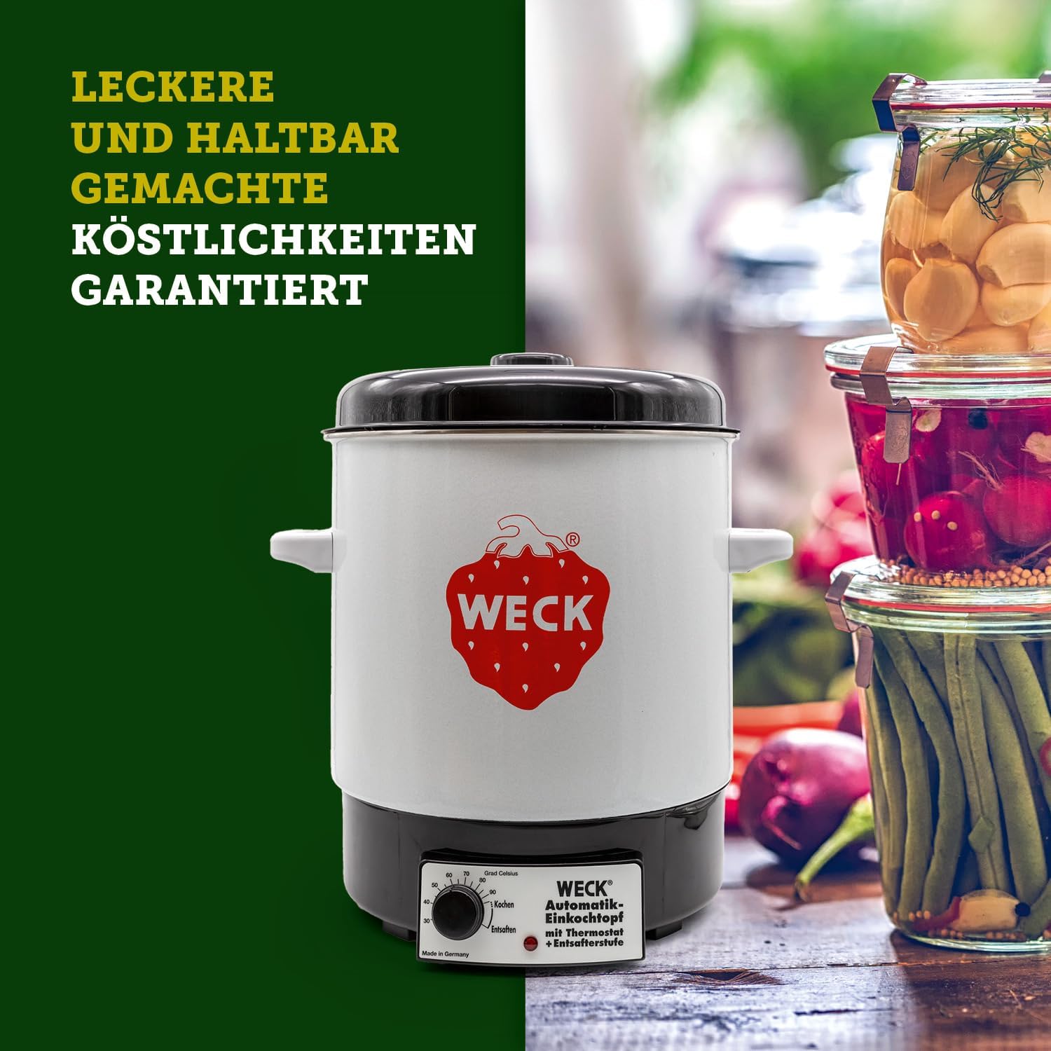 WECK Einkochautomat WAT14 (Finale Serie) Emaille mit Präzisionsthermostat – 29L Einkochtopf, Glühweinkocher, Dampfentsafter, Einweckautomat – Made in Germany, hochwertig & vielseitig
