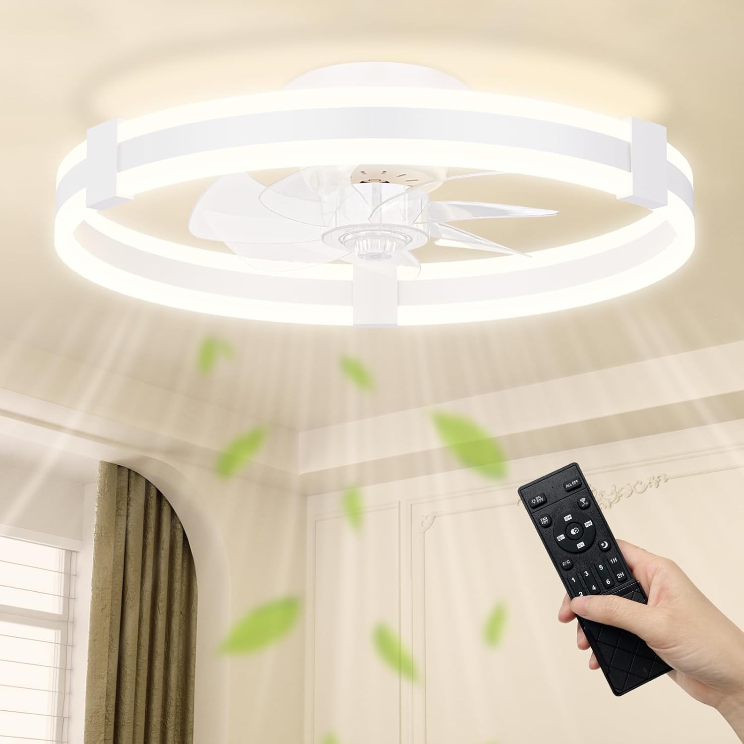 NIORSUN Ventilator Deckenleuchte,50CM LED Deckenventilator mit Beleuchtung,3 Farbtemperatur und 6 Geschwindigkeiten Deckenventilator mit Lampe,APP/Fernbedienung Dimmbar Ventilator Deckenlampe Weiß