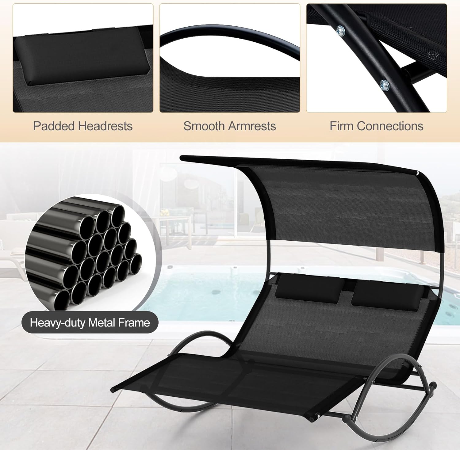 GIANTEX Sonnenliege, Doppel-Schaukelstuhl mit Dach & Kopfkissen, Outdoor Doppelliege Gartenliege, Relaxliege für 2 Personen, maximale Belastung 300kg (Schwarz)